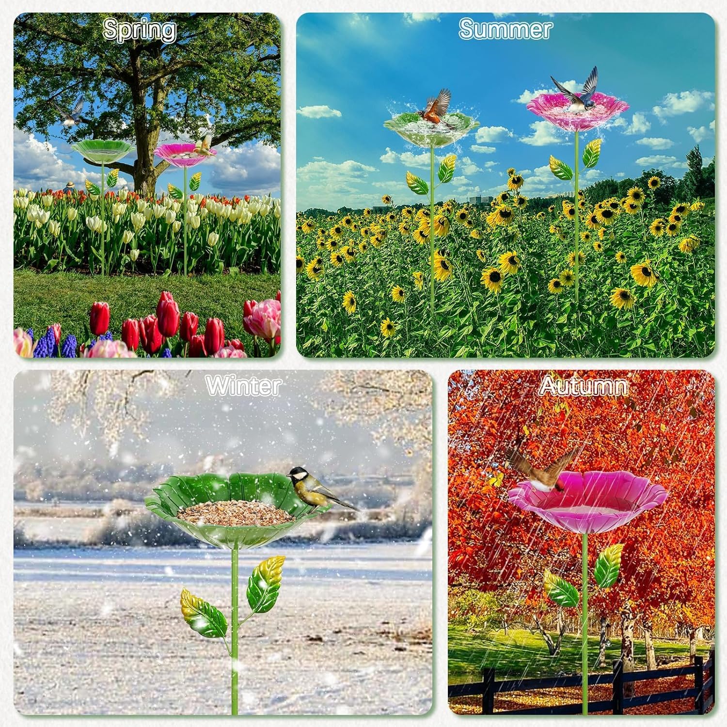 2 Pack Bird Baths for Outdoors, Colorful Metal Bird Bath for Outside, Hummingbird Bath with Five Stakes, Garden Flower Small Birdbath for Garden Decor, 31.3" H x 10.63" Dia (Red,Green)