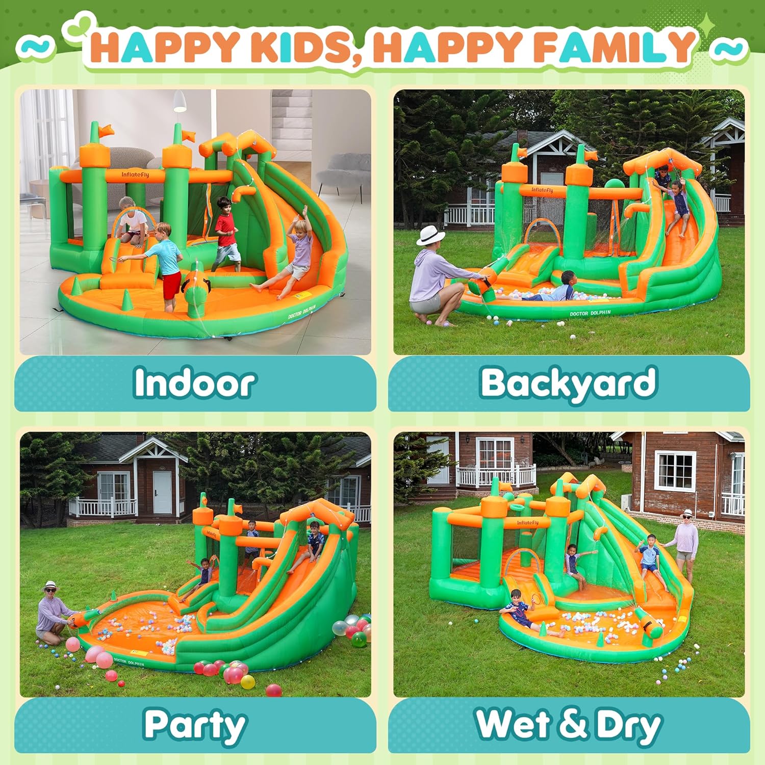 INFLATEFLY Inflatable Bounce House for Kids, 7-in-1 Jumping Castle with Double Slide, Water Gun, Splash Pool, Climbing Wall, Basketball Hoop, Ring Toss, 750W Blower for Indoor Outdoor Backyard
