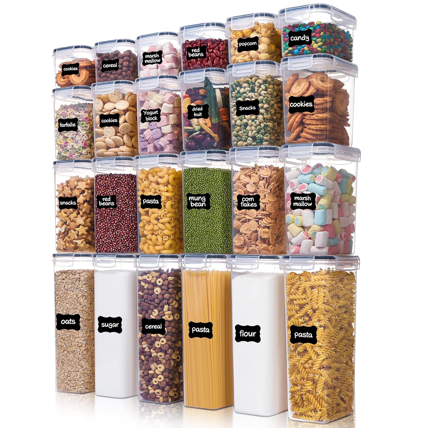 Airtight Food Storage Containers with Lids, Vtopmart 24 pcs Plastic Kitchen and Pantry Organization Canisters for Cereal, Dry Food, Flour and Sugar, BPA Free, Includes 24 Labels，Black