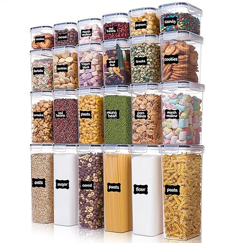 Airtight Food Storage Containers with Lids, Vtopmart 24 pcs Plastic Kitchen and Pantry Organization Canisters for Cereal, Dry Food, Flour and Sugar, BPA Free, Includes 24 Labels，Black