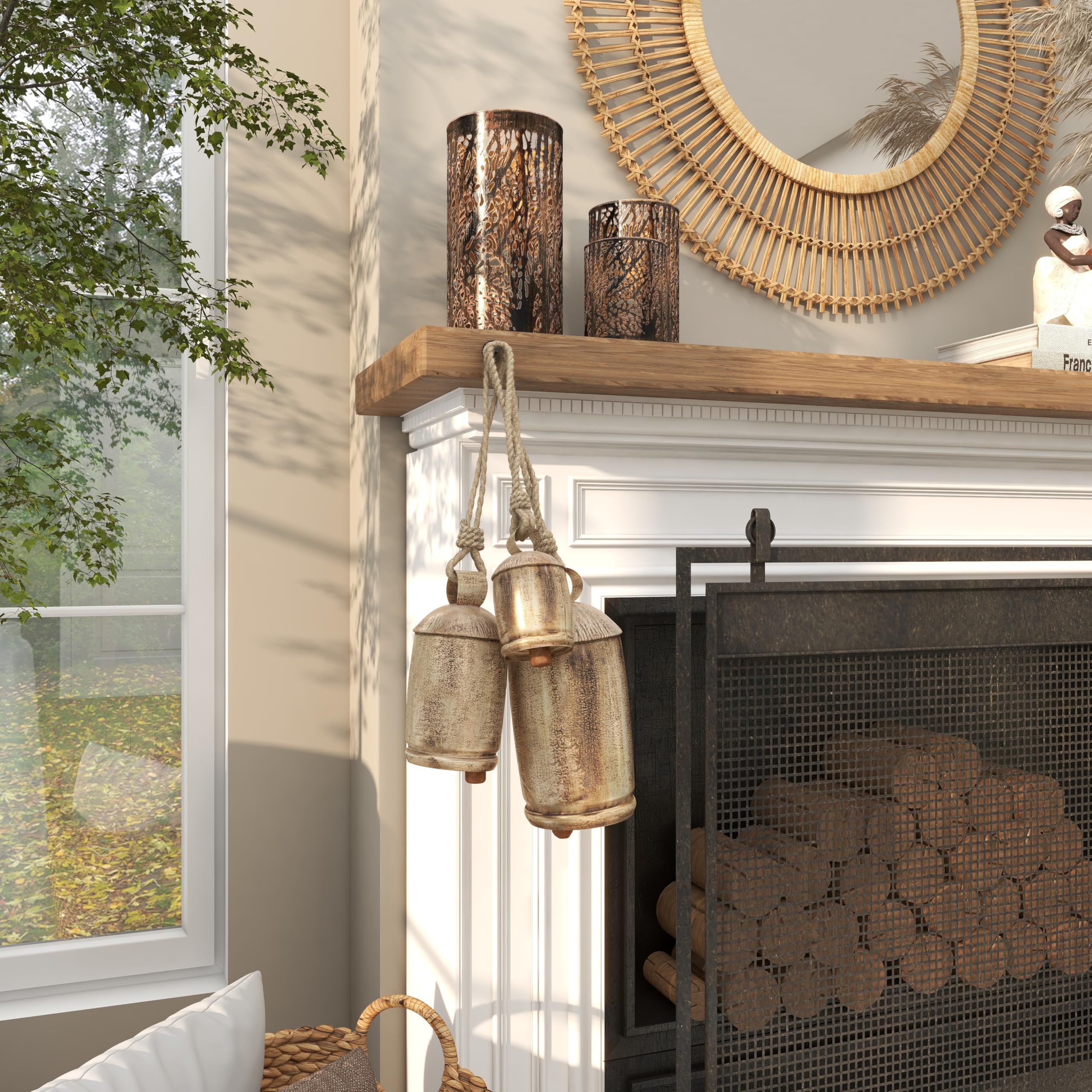 Deco 79 Gold Metal Tibetan Inspired Decorative Giant XL Cow Bells with Jute Hanging Rope, Set of 3 10