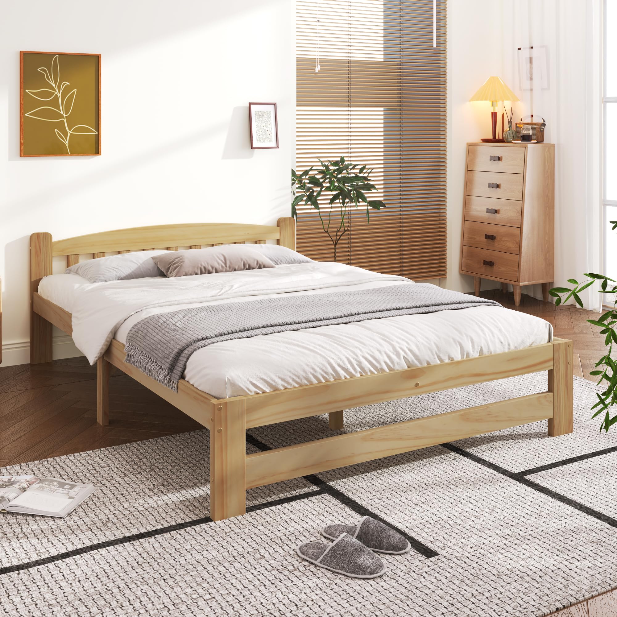 Merax Massivholzbett 140x200cm, Doppelbett aus Holz mit Kopfteil und Lattenrost, hochwertiges Bettgestell, Solide Futonbett, Jugendbett, Erwachsenenbett, ohne Matratze, Natur