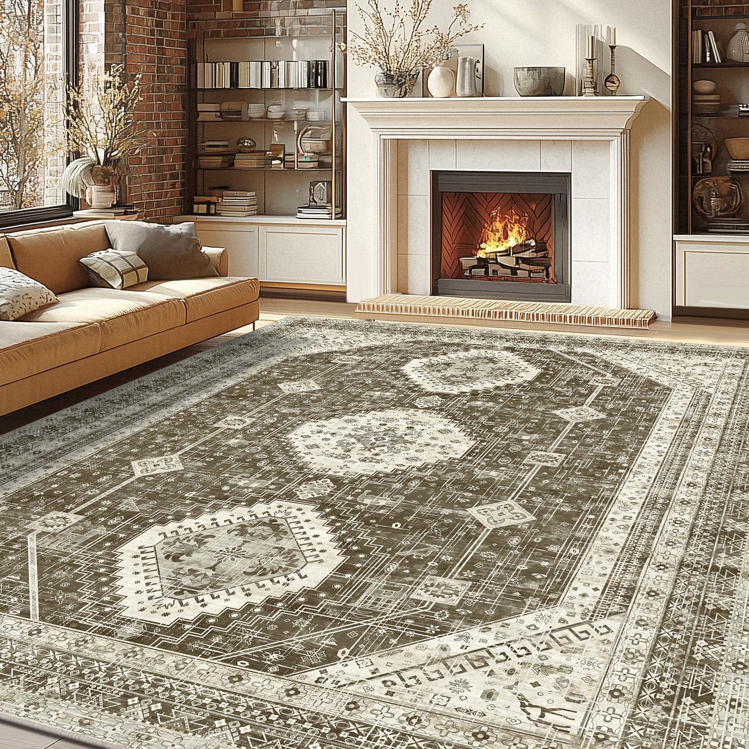 LOKHOM 8x10 Area Rugs for Living Room, Non-Slip Vintage Washable Rug Large, Luxurious Faux Wool Stain Resistant Indoor Carpet Floor Mat for Living Room Rugs Bedroom Dining Room Office,Vintage Brown