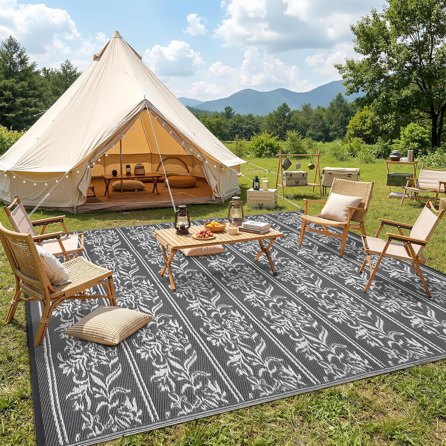 Garvee Outdoor Rugs 9x12 Waterproof Reversible Mat Boho Leaf Patio Rug with 4 Stakes and Starage Bag, Large Outdoor RV Mat Rugs for Camping, Picnic, Balcony, Deck, Backyard, Grey & White