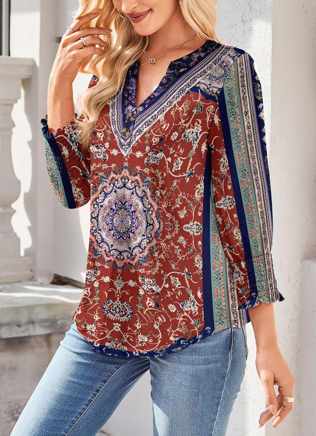 Hount 3/4 Sleeve Shirts for Women Dressy Casual Button V Neck Tops 2026 Summer Work Blouses Cute Henley Shirts - Image 3