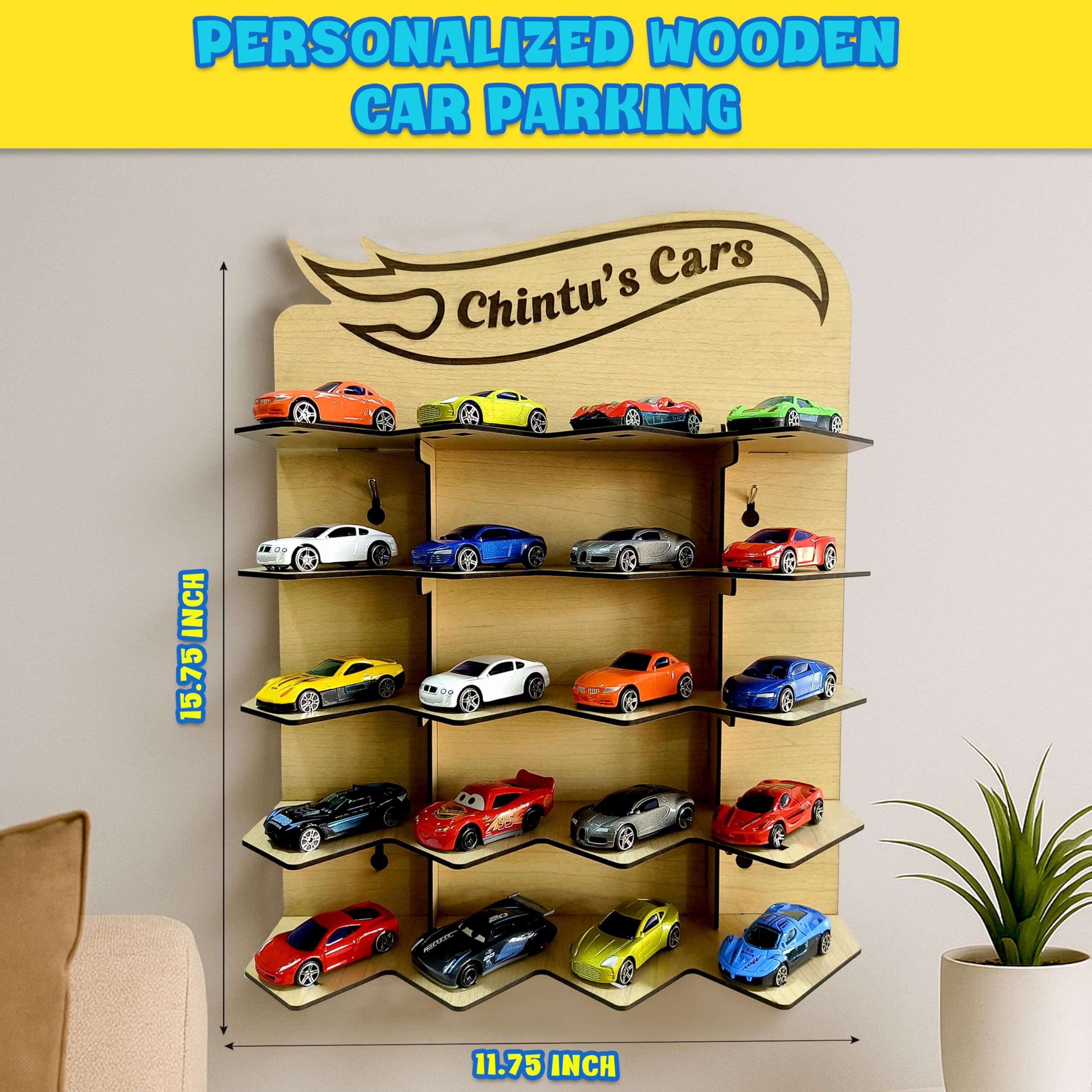 SWAGSTATION Hotwheels Display Toy Car Garage – Customised Personalised Gift for Boys – Wooden Wall Hanging Car Stand to Hold 20 Toy Cars – Parking Garage Storage – Kids Room Décor Gift (Only Stand) 1