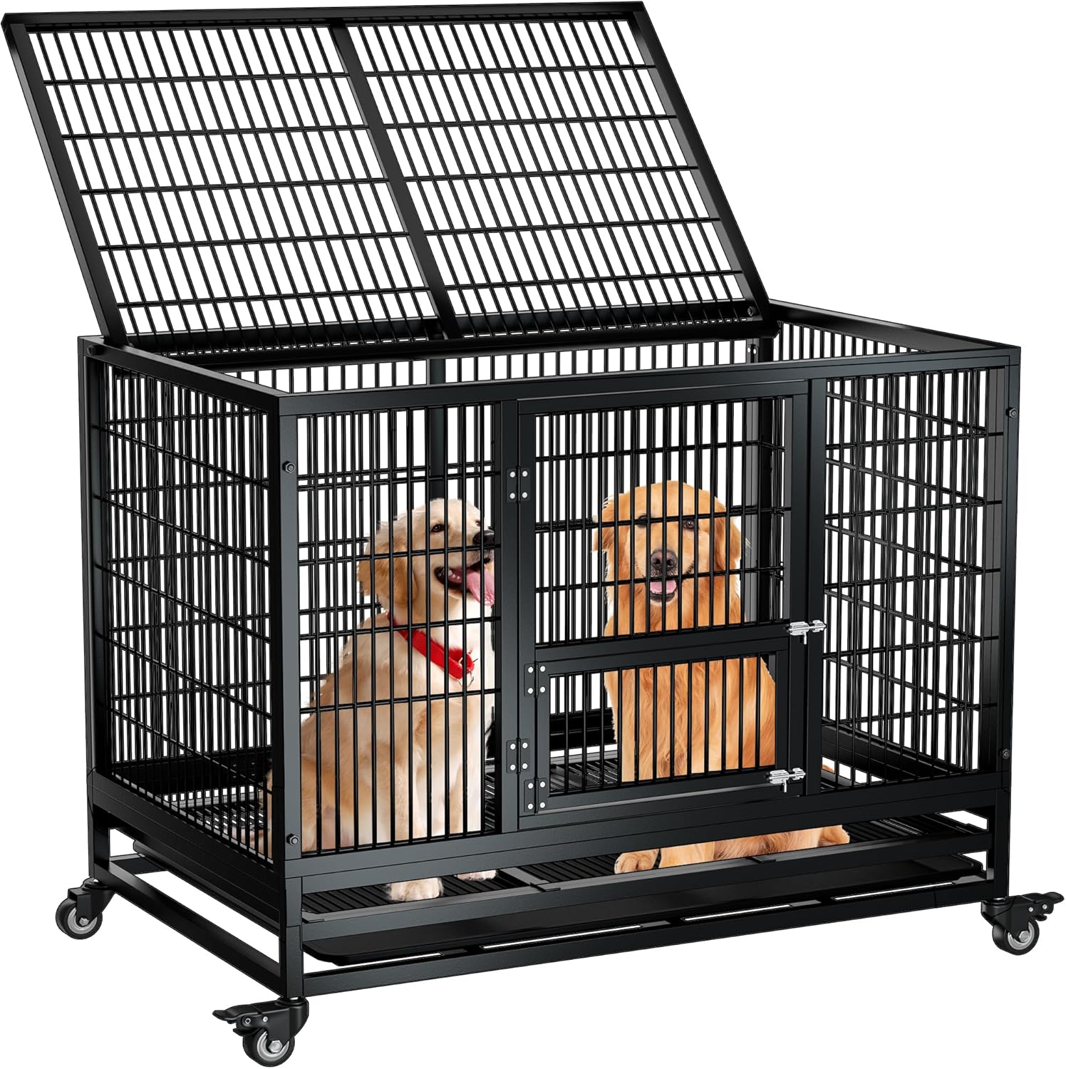 POSSIBLY MISSING PIECES 48" Heavy Duty Dog Crate,Indestructible Dog Crate,Suitable for High Anxiety Escape Proof Dog Crate,Two-Door Design Large Dog Kennel,with Wheels and Removable Tray,for Medium Large Dog,Black.