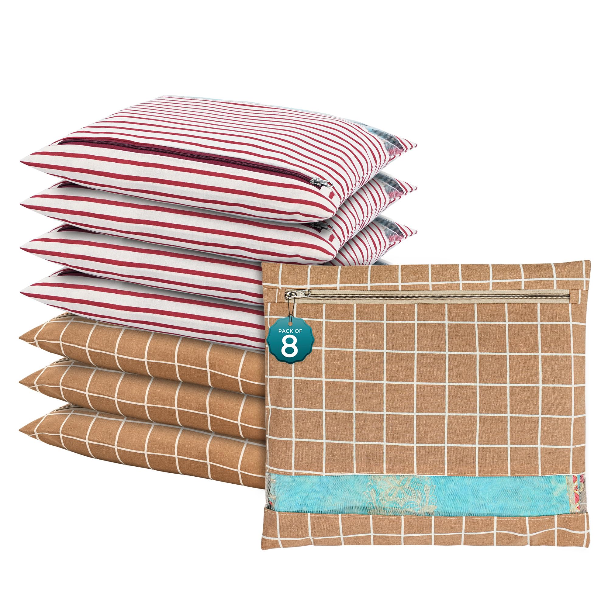 Kuber Industries 8 Pcs Mesh Window Cotton Single Saree Covers for Storage/Gifting | Saree Organiser for Wardrobe/Storage | Saree Bags with Zip | Printed - Brown & Maroon
