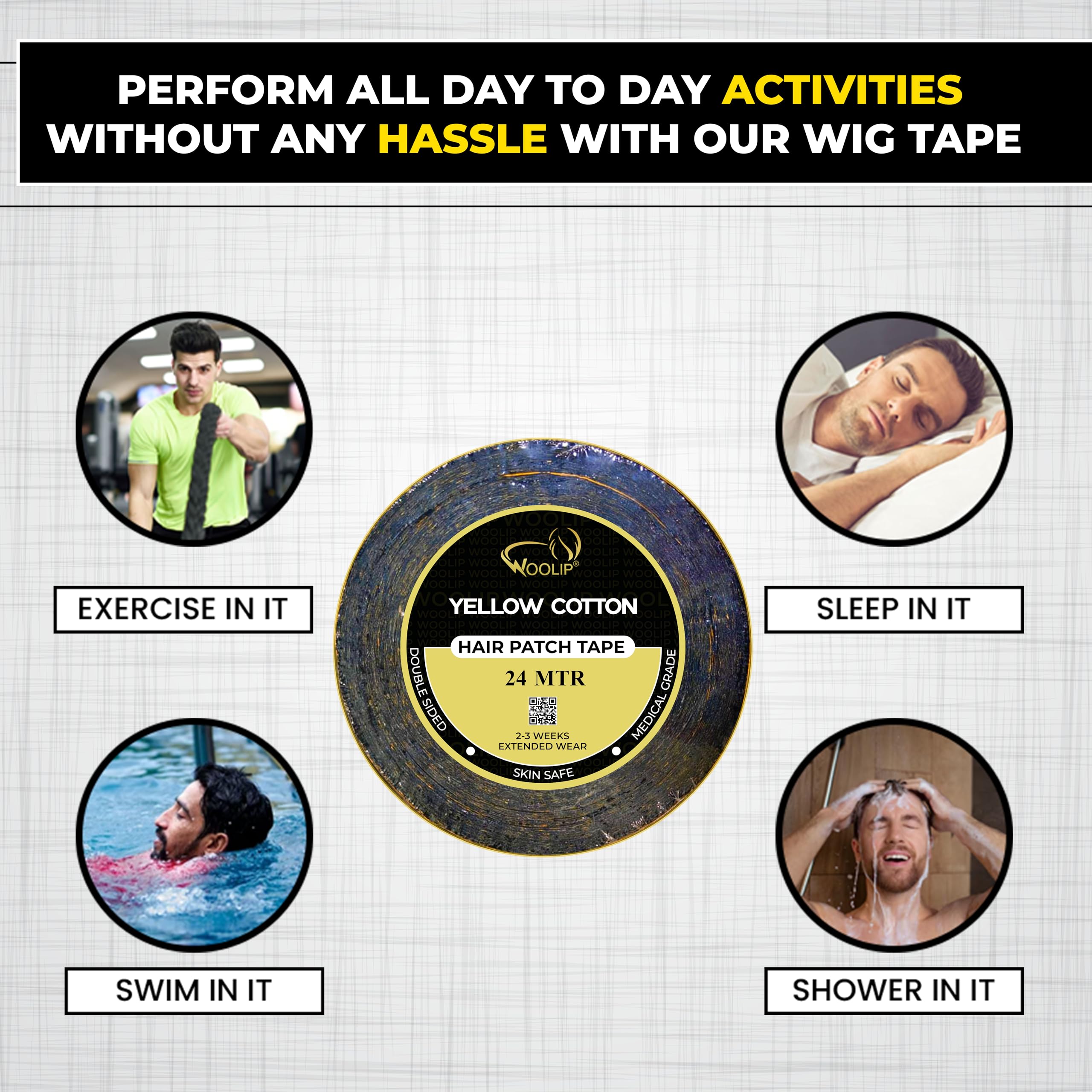 Woolip Yellow Black Tape 24m Hair Patch For Super Ultra Hold Up To 2–3 Weeks Waterproof | Wig Tape 1 Inch Cotton Material | For Men & Women | Double Sided Hair Patch Tape Yellow Black 3