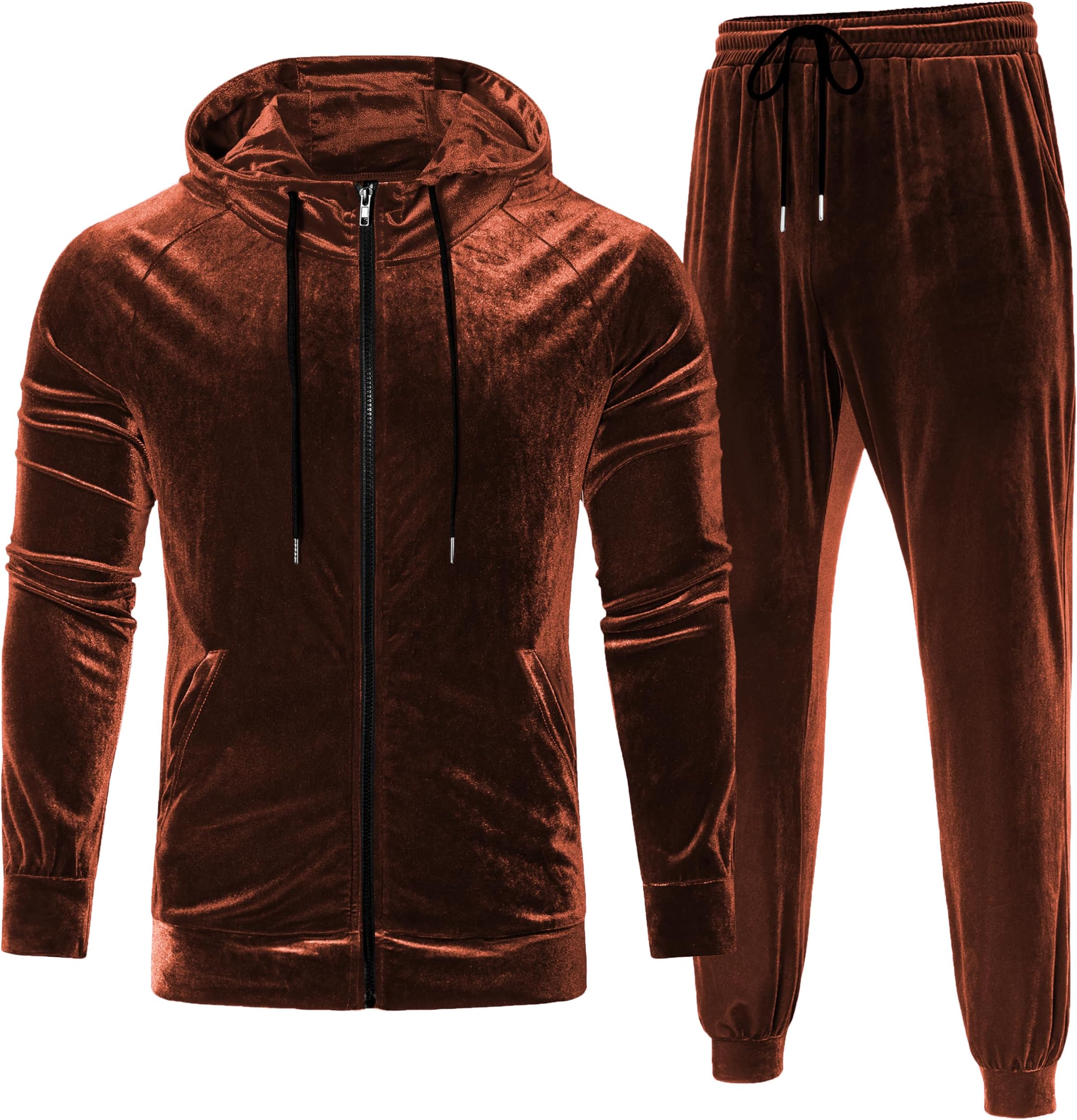 Men's 2 Piece Velvet Tracksuit Full Zip Turtleneck Hooded Jacket and Casual Jogger Pants Matching Velour Sweatsuit Set