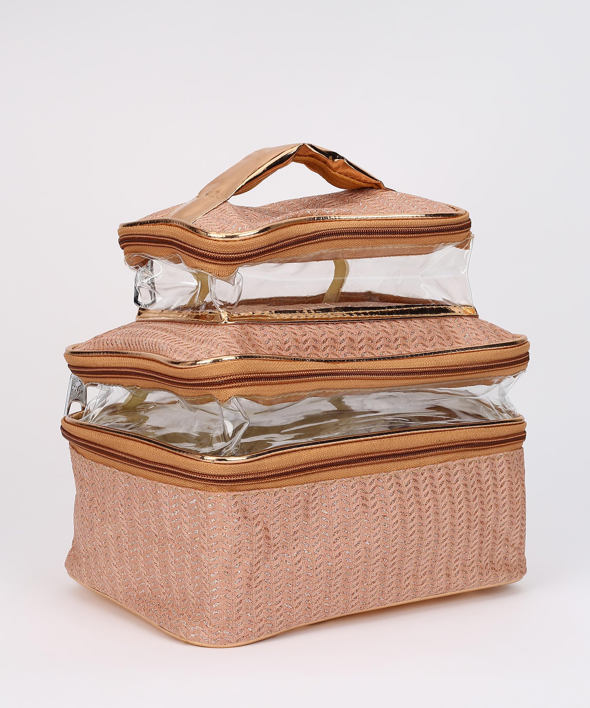 Women's Makeup Purse, Cosmetic Case .Makeup Organizer Travel Bag for Women | Clear 3-Tier Cosmetic Storage Purse with Handle (Rose Gold)-image-42