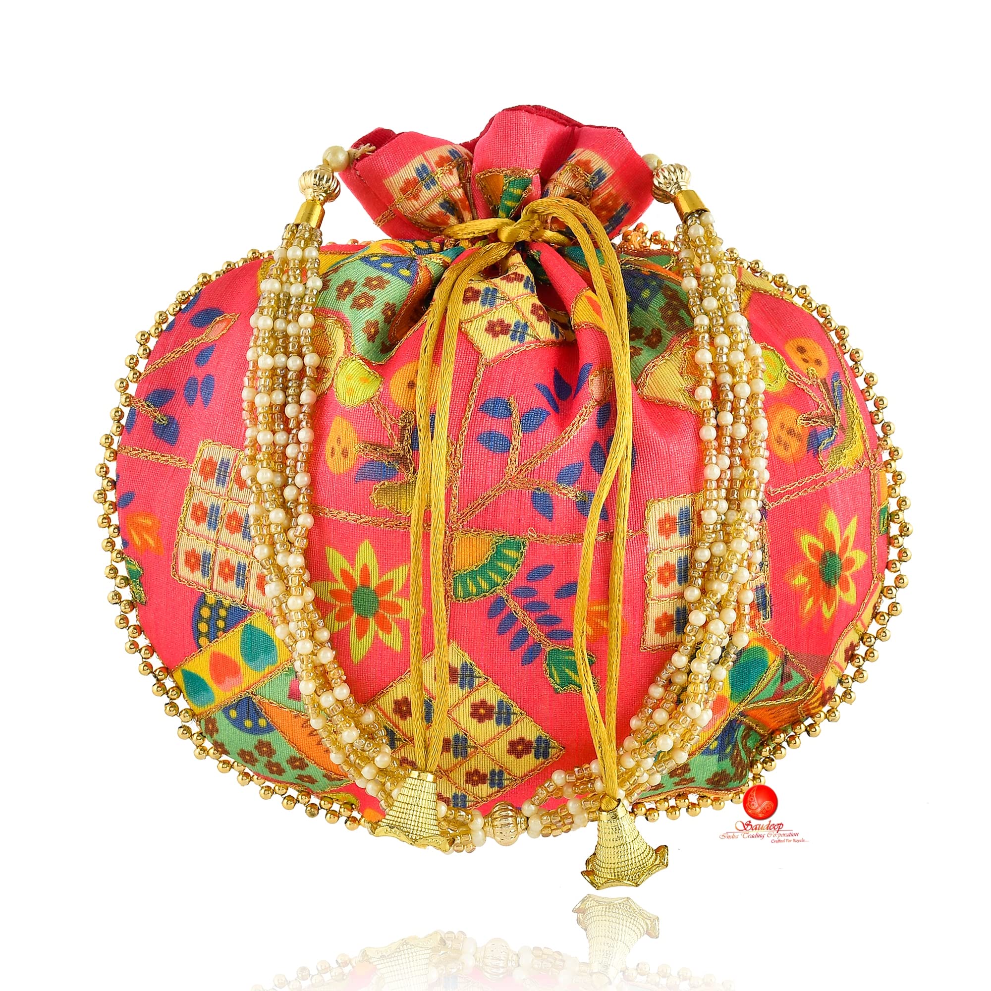 SAUDEEP INDIA Womens Potli Bag | Cotton Zari Work Potli Bag | Wristlets Ethnic Digital Print Wedding Potli for Ladies(Pink) (B09V4XJCD4) Amazon Price History, Amazon Price Tracker
