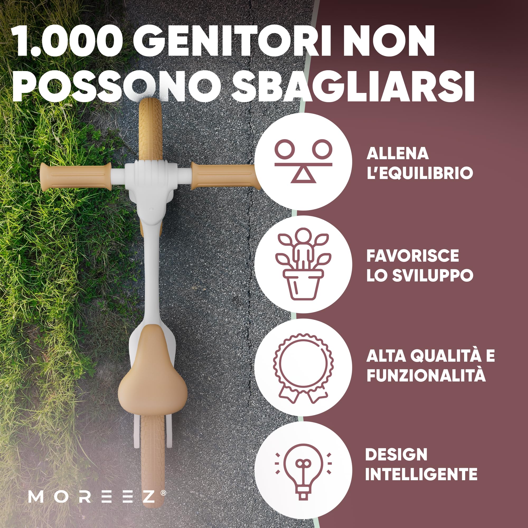 MOREEZ Bicicletta da 2 anni [2-5 anni] ultraleggera per bambini con protezione anticaduta, seduta ergonomica, ruote da 50 kg, poggiapiedi antiscivolo, altezza regolabile