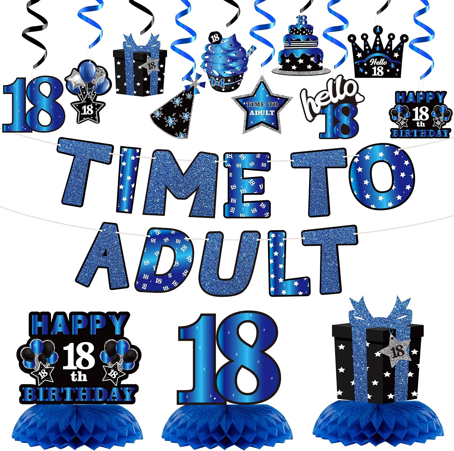 WATINC Happy 18th Birthday Decoration - 26pcs Hello 18 Year Old Bday Party Decor for Boy Girls Him, Time to Adult Blue Black Banner Hanging Swirls Honeycomb Centerpieces Party Favor Set