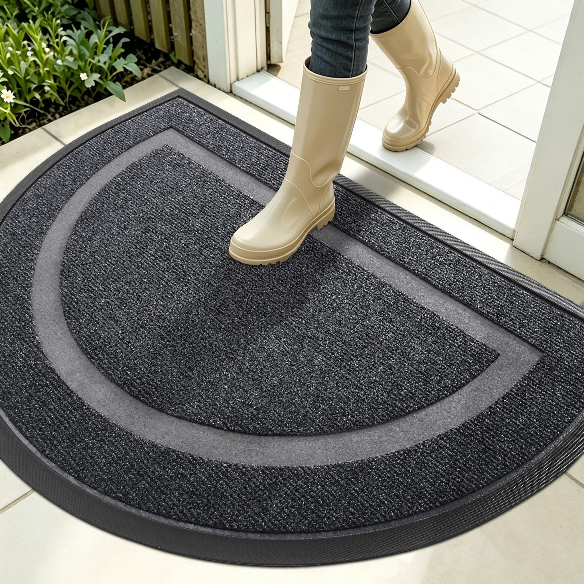OLANLY Half Circle Front Door Mat Outside 35x23 All-Season Rubber Doormat | Grey, Absorbent, Heavy-Duty, Stain and Fade Resistant, Waterproof Non-Slip Backing, Low-Profile Indoor Outdoor Entryway Mat