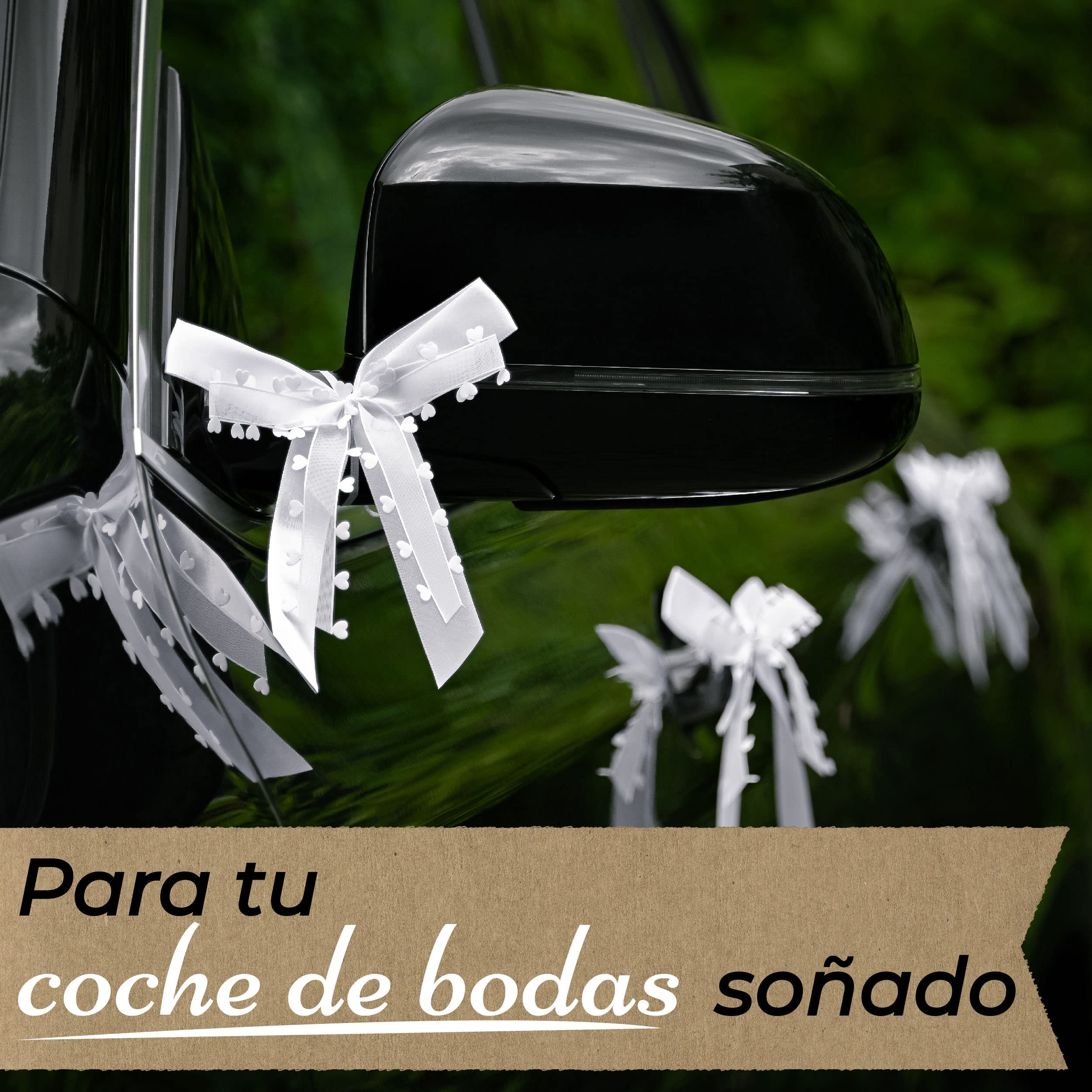 Lazos de Boda Coche con Corazones Blanco - Hecho a Mano - Cinta de Satén - Fácil de Atar - Decoración de Boda