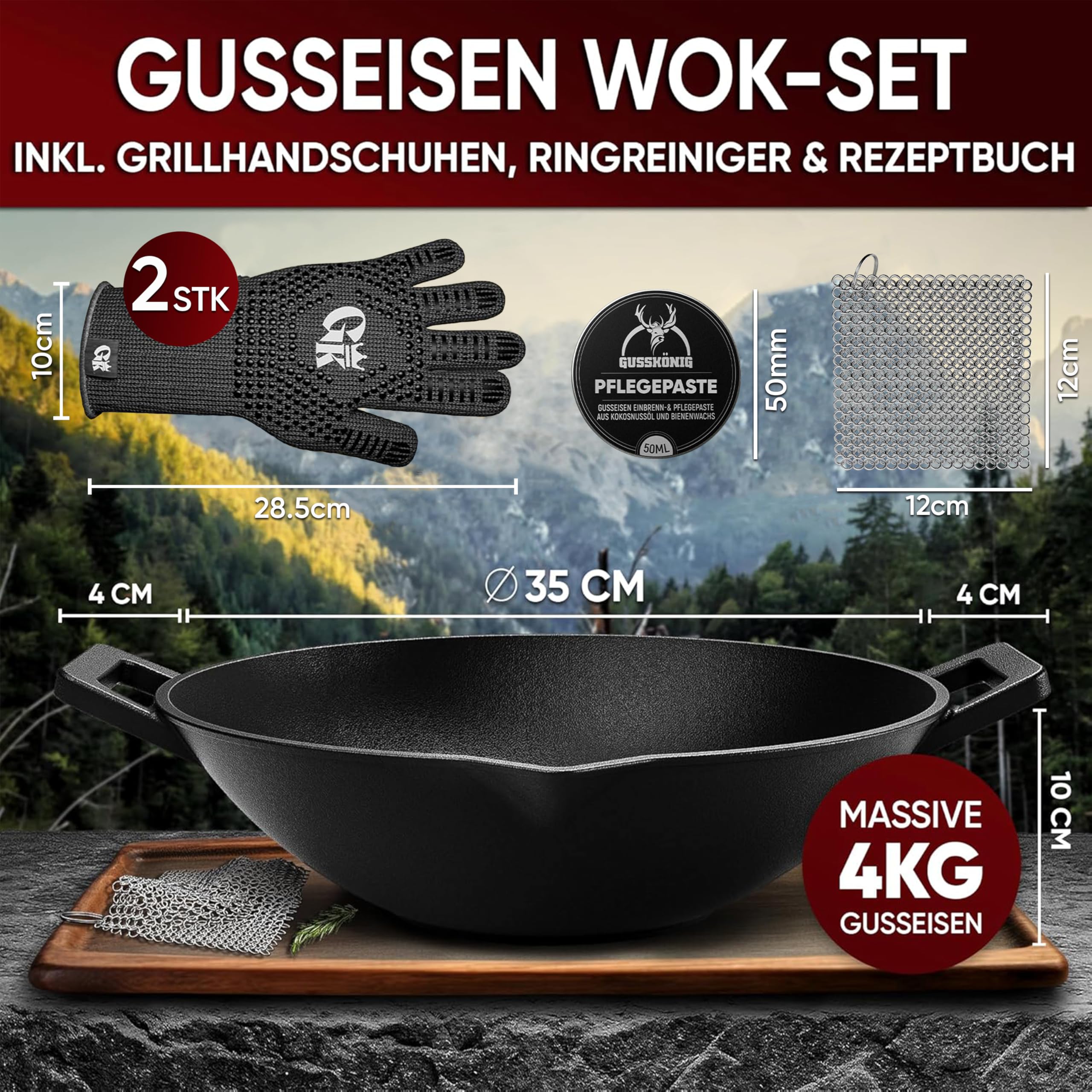 GUSSKÖNIG Gusseisen Wok Pfanne - 35 cm robuste Wokpfanne für Gasgrill, Herd, Ofen und Lagerfeuer- Gusseisen Wokpfanne inkl. Pflegepaste, Ringreiniger, Grillhandschuhe & Rezeptbuch - 30 Jahre Garantie