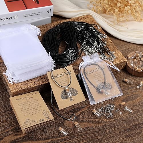 Miniatura 7 de Juego de 50 collares de semillas de mostaza para mujer, 0.0 fl oz, mini collar de botella de vidrio con tarjetas de fe, sin semillas de mostaza