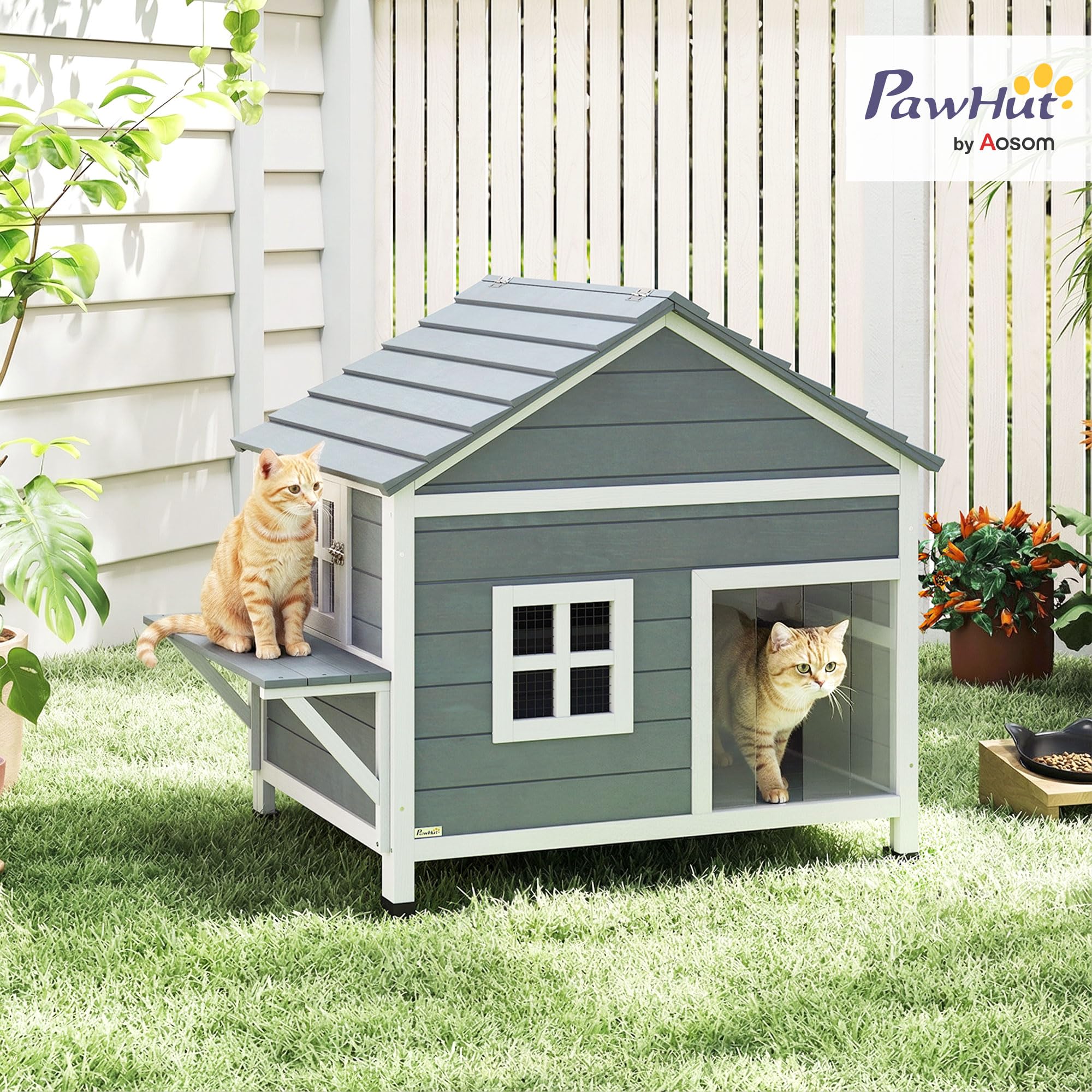 PawHut Domek dla kotów z drewna, 2 poziomy, zamykany wodoodporny dach, podwyższona podstawa, boczna platforma, okno, dla 1-2 kotów do 5 kg, 101 x 72,5 x 81 cm, Szary