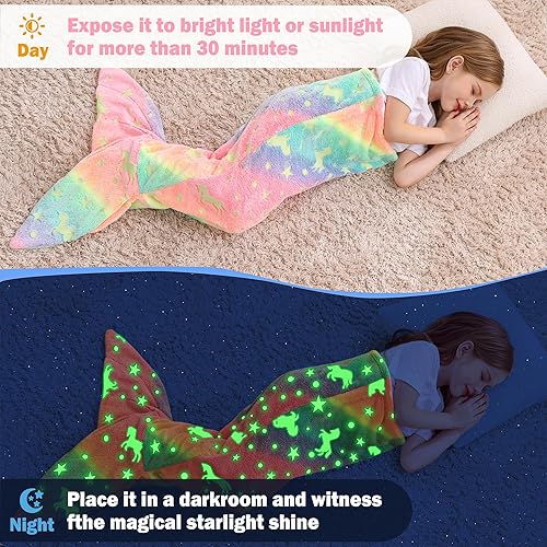 Miniatura 2 de Viviland Manta de cola de sirena para niños, mantas de cola de sirena que brillan en la oscuridad, manta de sirena de franela, regalos para niñas,