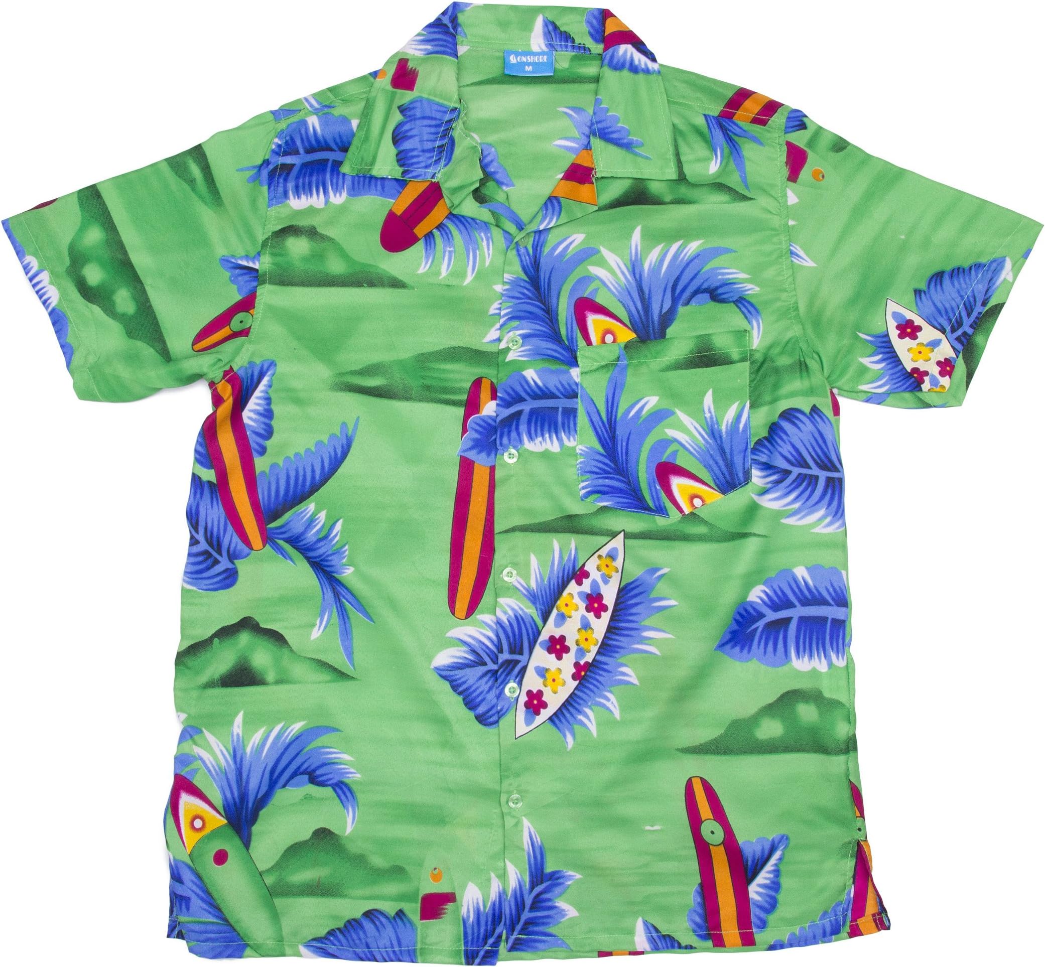 On Shore Men's Tropical Hawaiian Surfboard Print Aloha Shirt, Green Medium