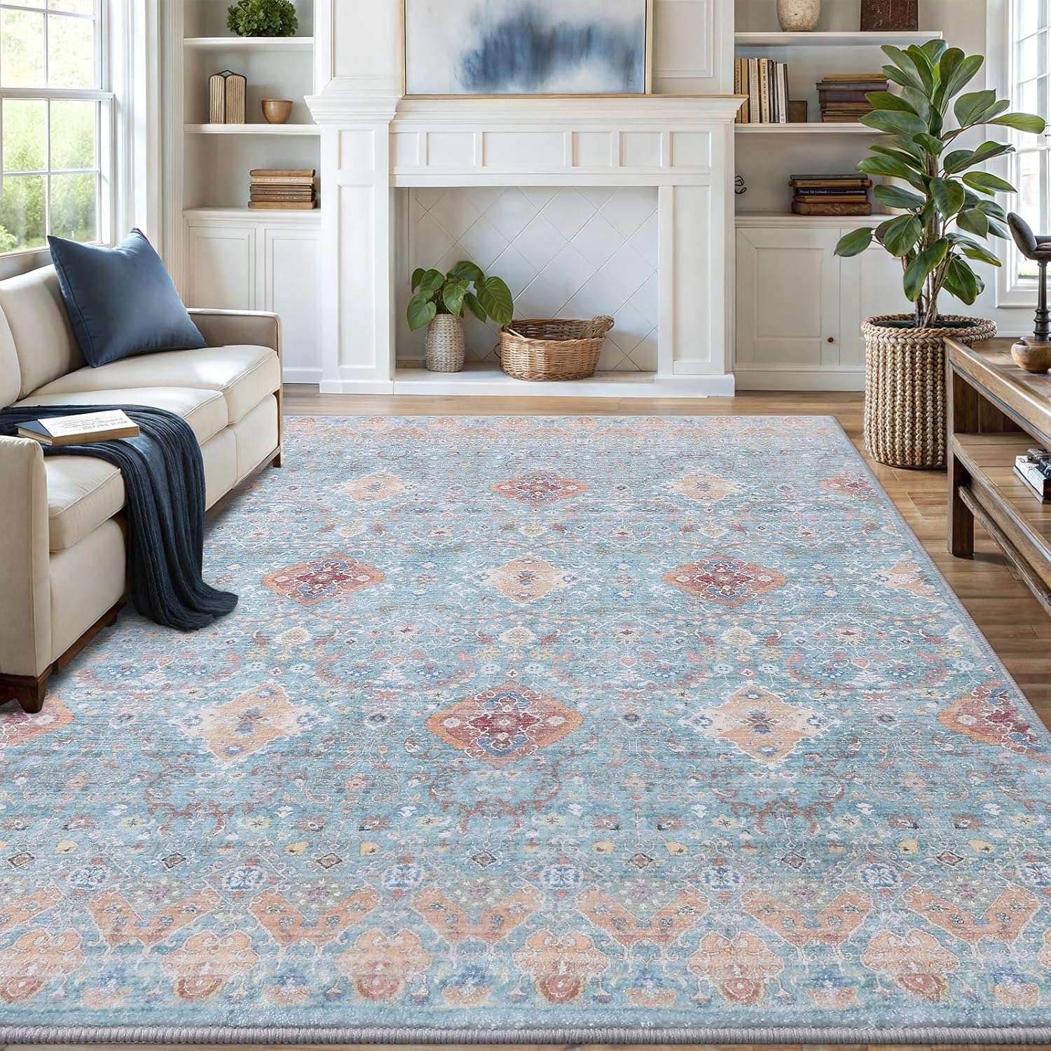 8x10 Area Rugs for Living Room, Bedroom - Machine Washable, Non-Slip Bedside Rug, Large Soft Floor Carpet for Office, Dining Room, Farmhouse and Home Decor, Charm/Turquoise 8' x 10' Boho Charm / Turquoise