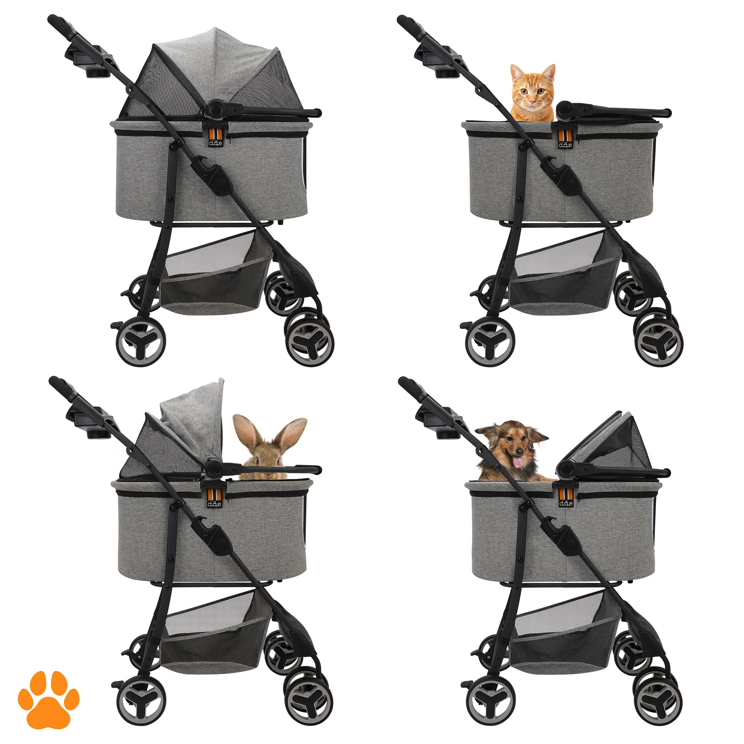Mod. CECE 2 in 1 - Passeggino per animali, con cestino per spesa o accessori, pieghevole con una mano, utilizzabile col telaio della carrozzina o staccabile come trasportino, grigio melange