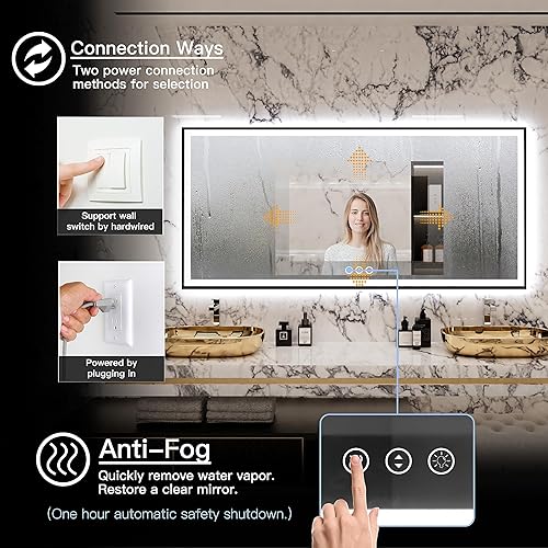 Miniatura 4 de Espejo de baño grande de 77 x 36 pulgadas, retroiluminado y frontal con luz LED, espejo de tocador moderno rectangular negro, regulable, antiniebla,
