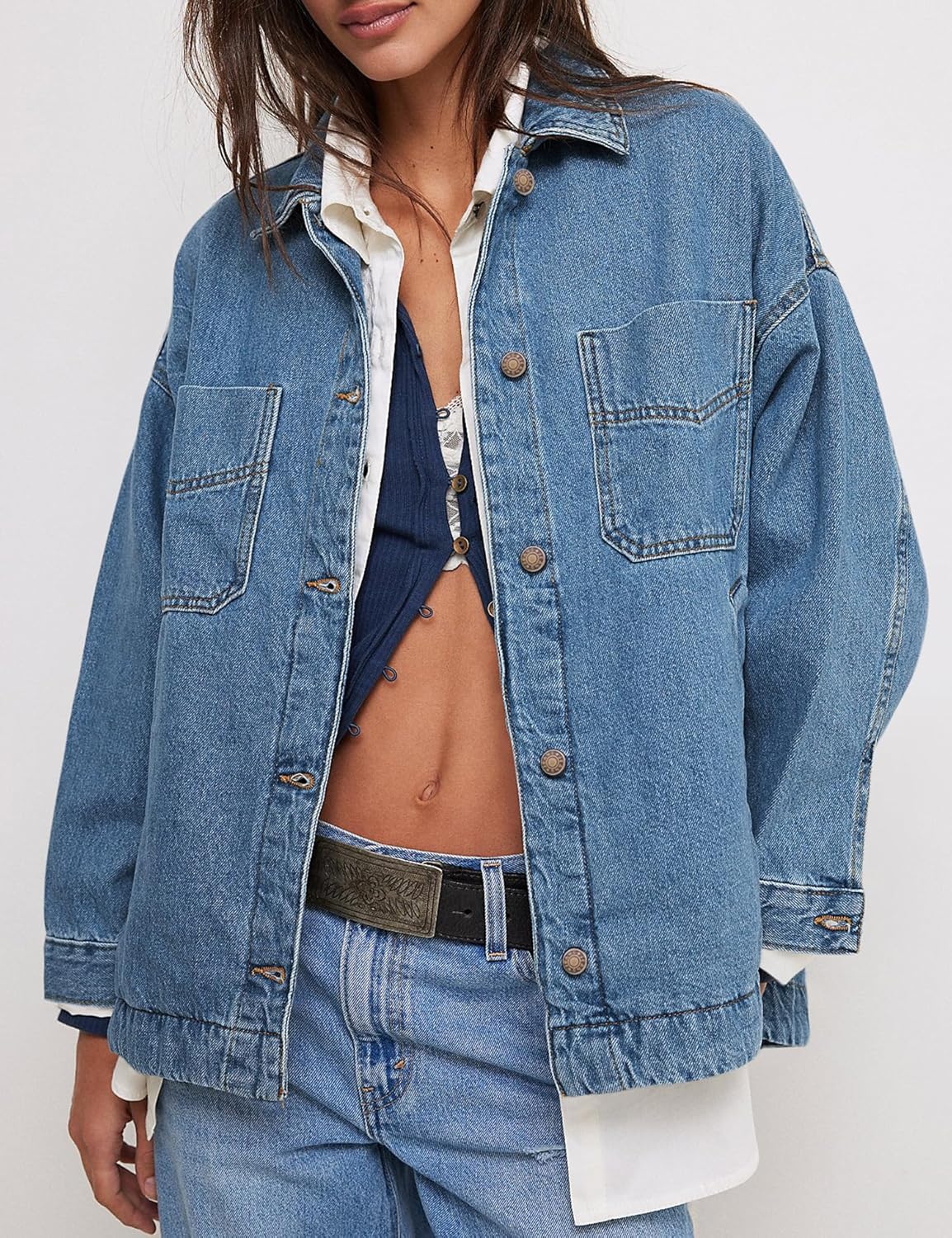 Jean Jacket for Women Oversized Shacket Denim Jacket Trendy Fall Outfits 2025 Split Button Down Boyfriend Shirts - Image 2