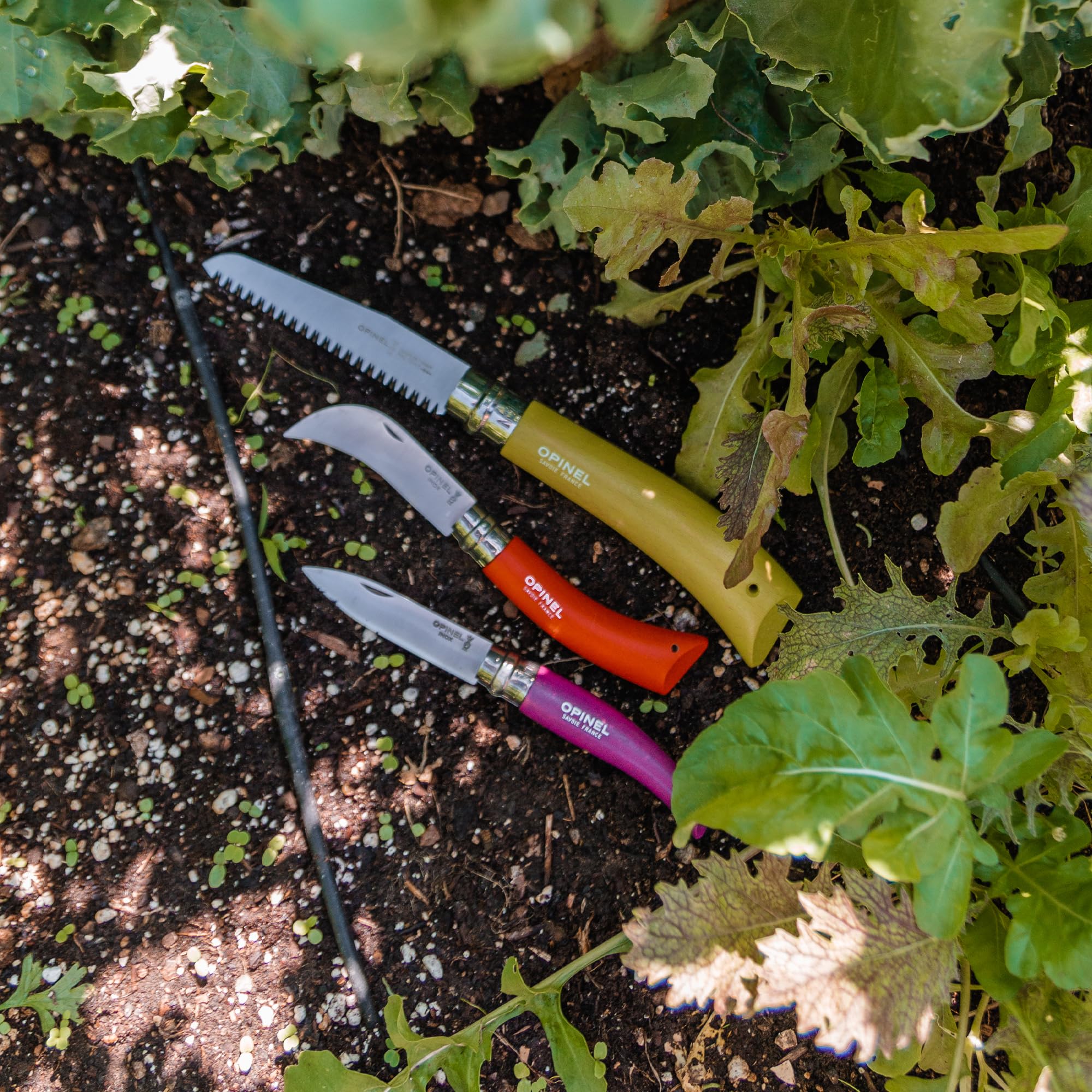 Opinel - Kit de Jardinage - 3 Outils de Poche, 1 Couteau de Jardin, 1 Serpette-Greffoir N°08 et 1 Scie Fermante N°12 - Lame Acier Inox, Manche Bois de Hêtre