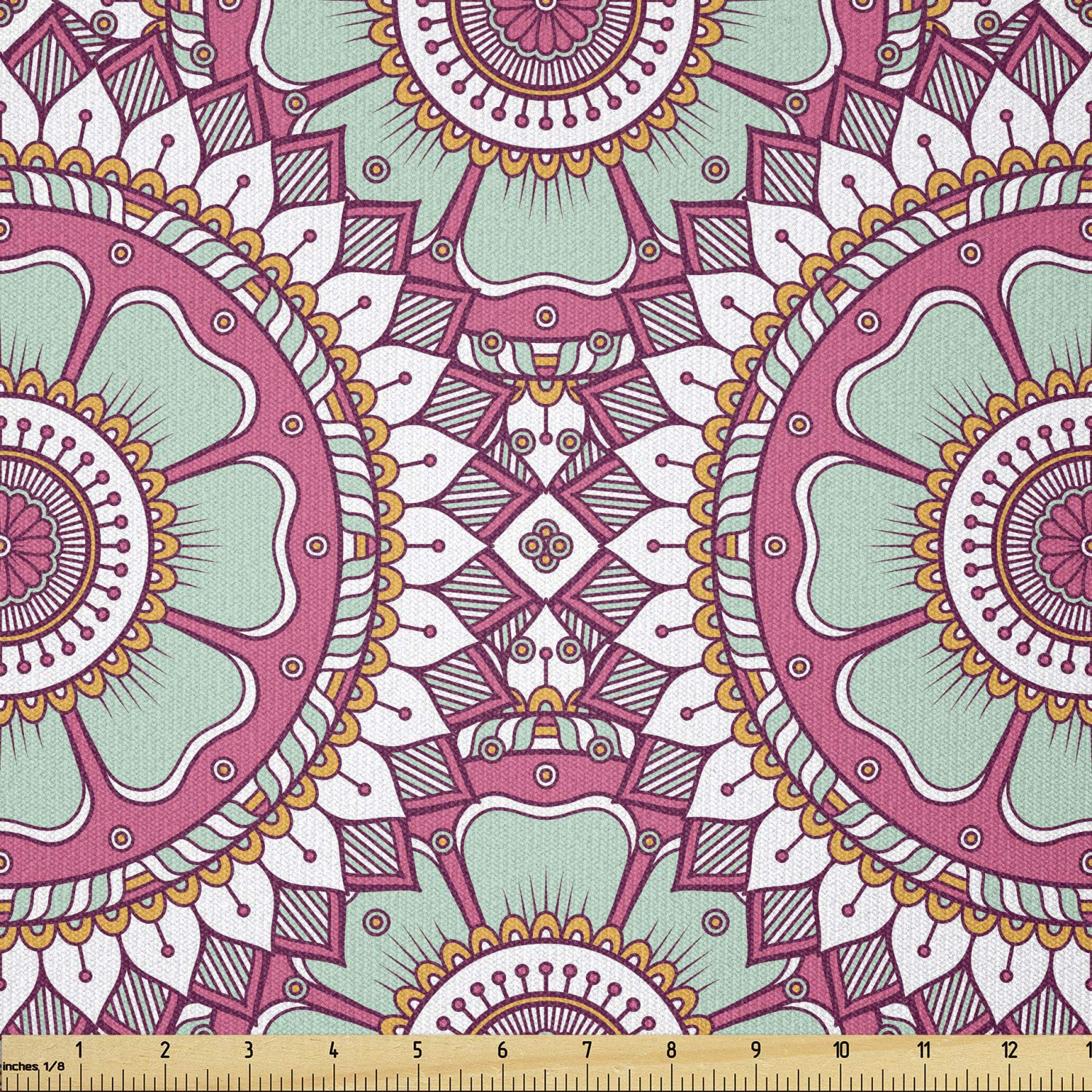 Lunarable Boho Fabric by The Yard, Floral Arrangement with Middle Inspirations Mandala Flower, Stretch Knit Fabric for Clothing Sewing and Arts Crafts, 1 Yard, Pink Green