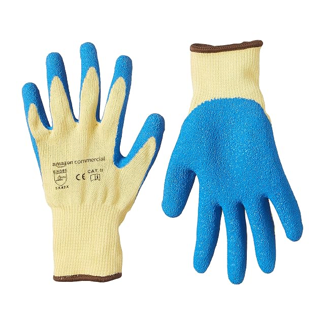 AmazonCommercial Cut-resistant Level 3 B Kevlar & Wrinkle Latex Coated Work Gloves, Mechanics, Gardening, Construction (Yellow/Blue), Size L, 1 Pair