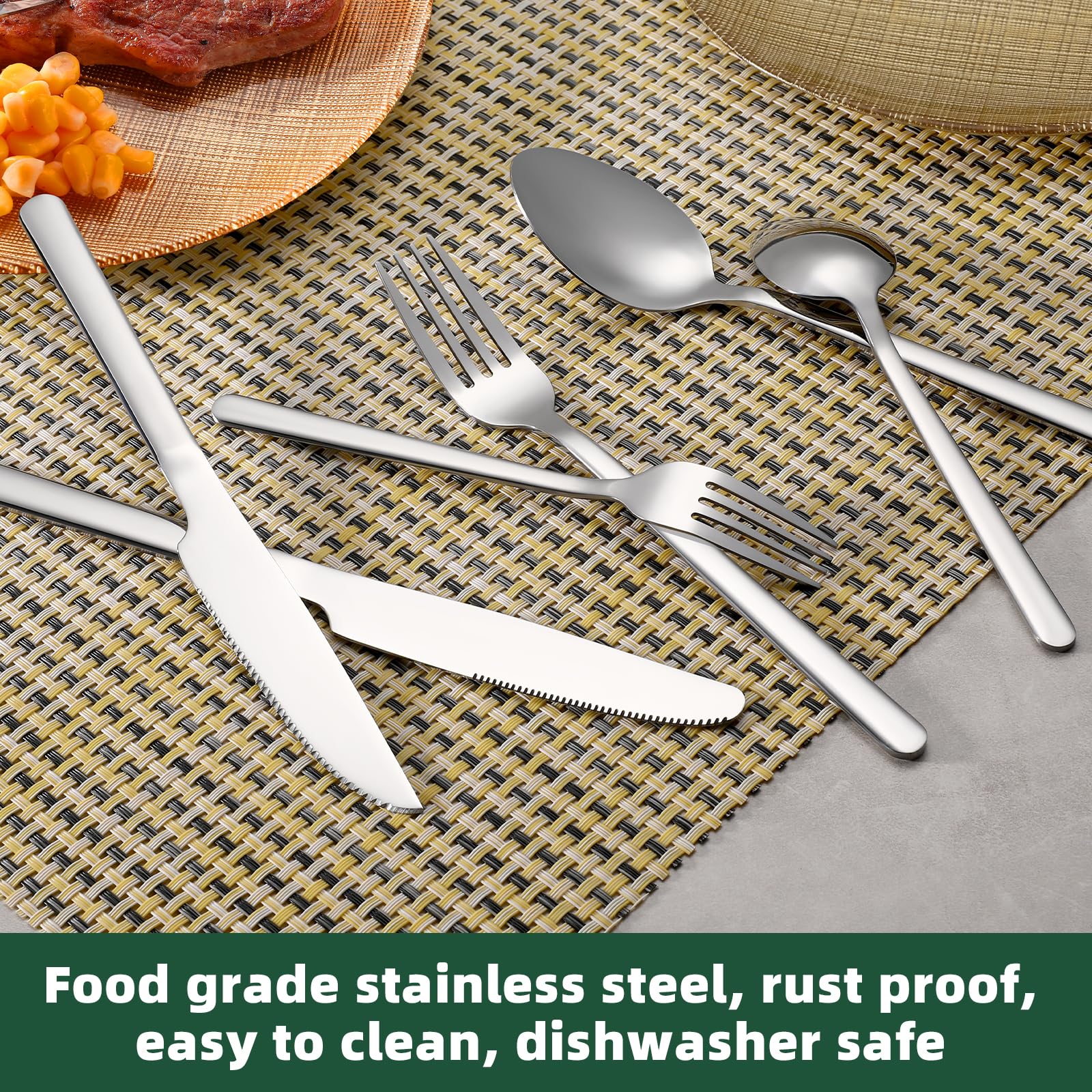 24 Pcs Silverware Set with Steak Knives, Stainless Steel Flatware Set for 4, Food-Grade Cutlery Set, Mirror Polished Tableware Eating Utensils Set for Kitchen, Knife Fork Spoon Set, Dishwasher Safe