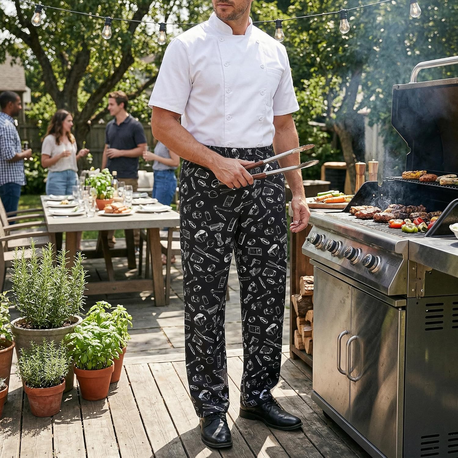 Nanxson Men's Baggy Chef Pants, Printed Work Pants with Elastic Waist Restaurant Kitchen Uniforms