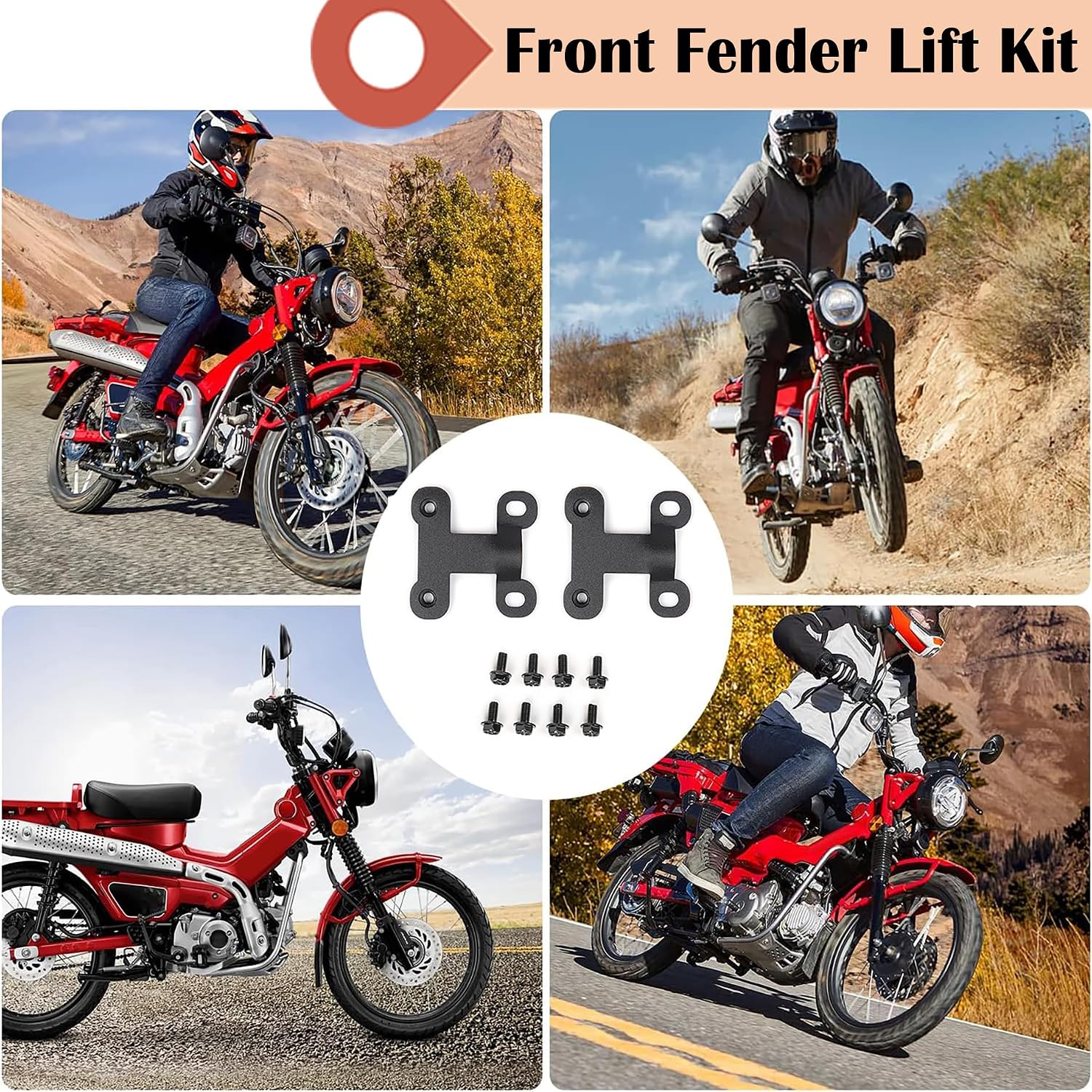 Front Fender Lift Kit Mudguard Lift Riser 4CM Bracket Kit for Honda CT125 Trail 125 Hunter Cub 2020-2024 Front Fender Lift Up Set Black Steel Accessories (Set of 2)