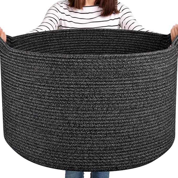Large Woven Baskets for Storage, 22.8" x 22.8" x 13" Blanket Storage Living Room, Baby Toy Basket for Clothes, Pillows, Towels, Shoe Basket for Entryway (Black)