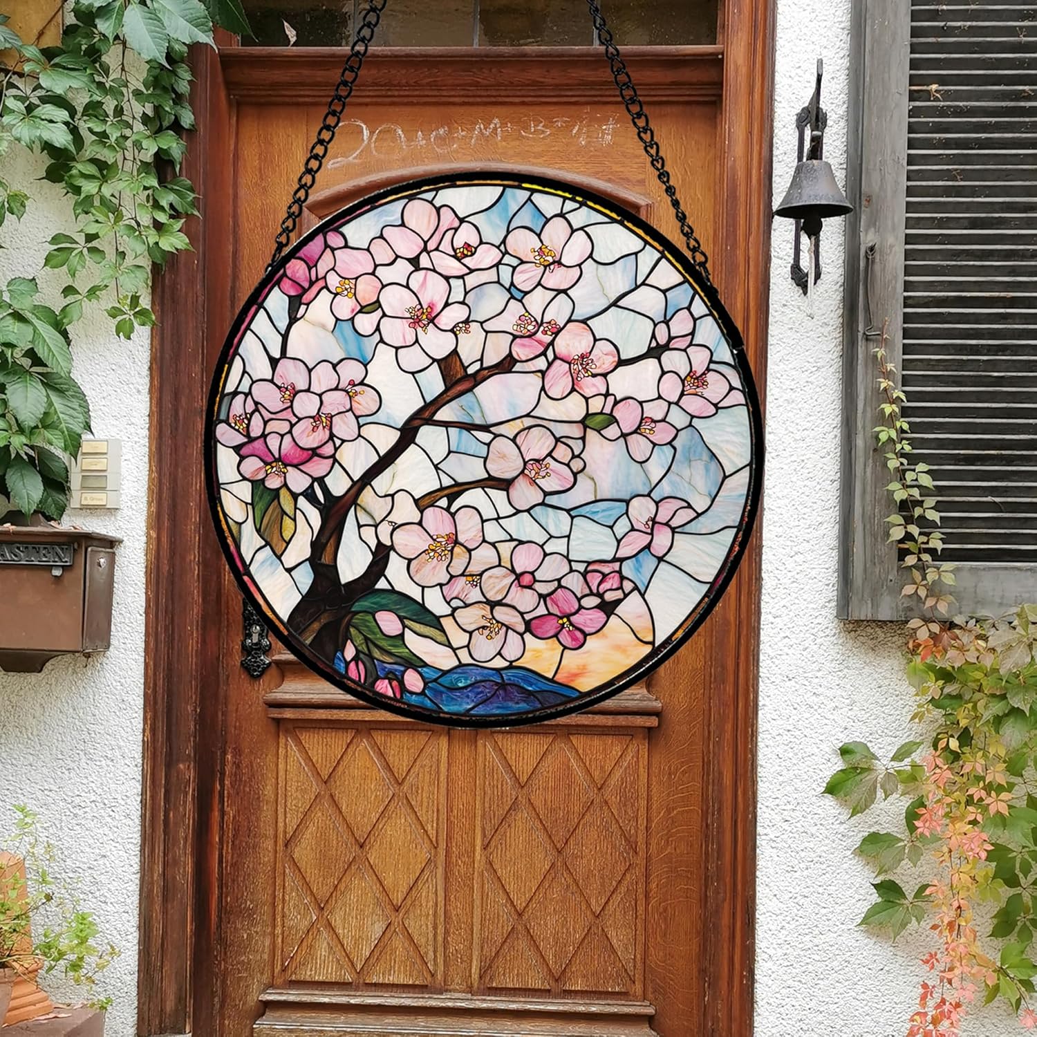 Stained Glass Window Hanging - Cherry Blossoms Suncatcher for Door Garden Home Decor Pink Flowers Sun Catcher Christmas Birthday for Friend Lovers Women Mom Nana 11.8 in