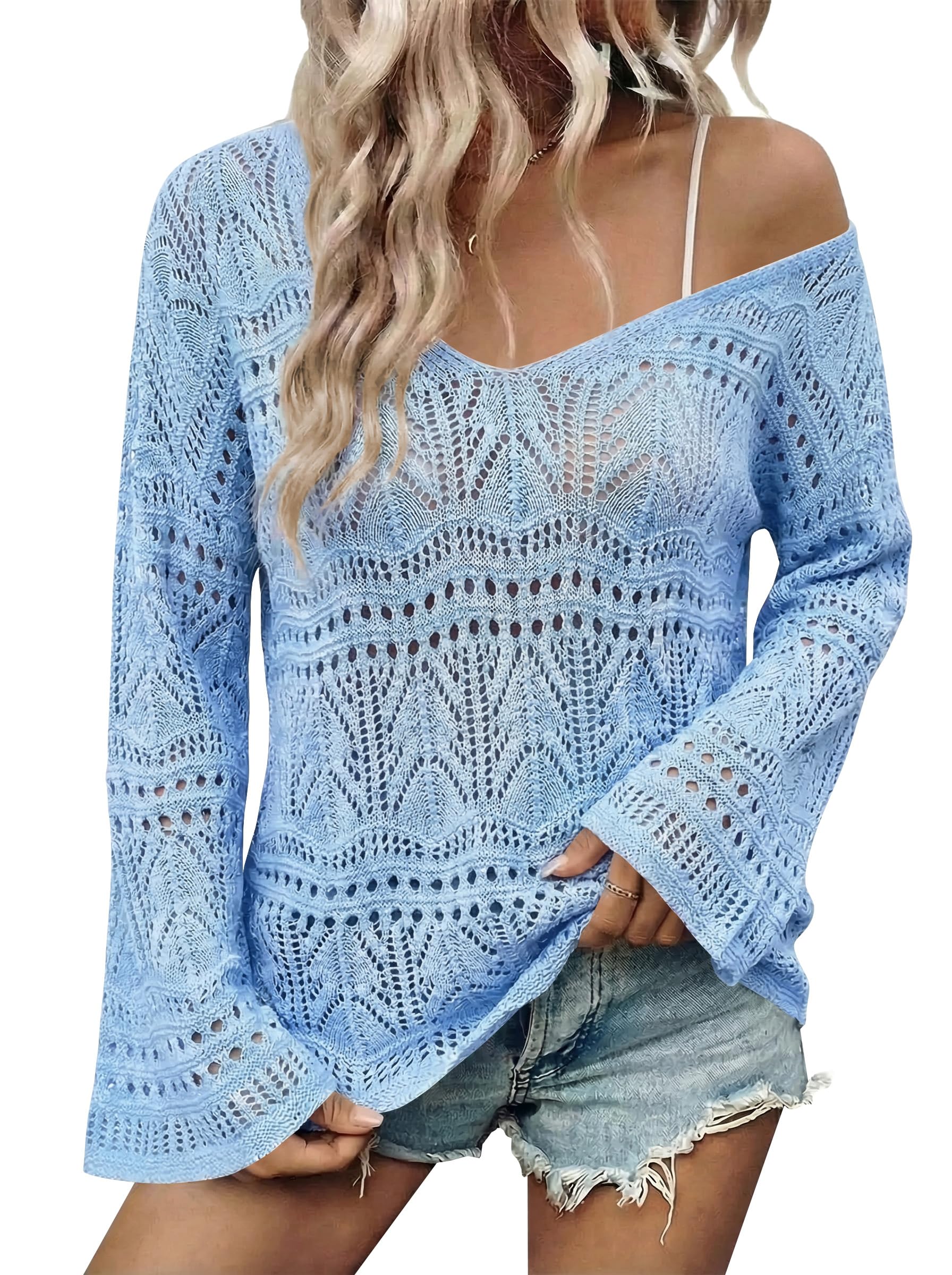 Cakulo Womens Summer Crochet Tops Boho Off Shoulder Sweaters Lightweight V Neck Loose Vacation Resort Wear 2026