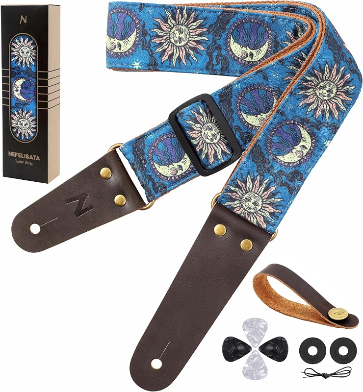 Guitar Strap, Cotton Print Sun Guitar Straps with Head Cowhide Leather Ends for Bass, Electric & Acoustic Guitars, Free Strap Button, 1 Pair Strap Locks and 4 Guitar Picks