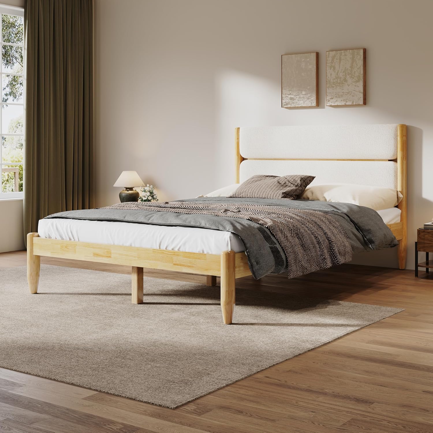 Christopher Knight Home Blitz Queen Bed Frame with Fleece Upholstered Headboard, Rubber Wood Platform Bed Frame, Solid and Stable Bedframe, Slats Panel Support, No Box Spring Needed, Ivory
