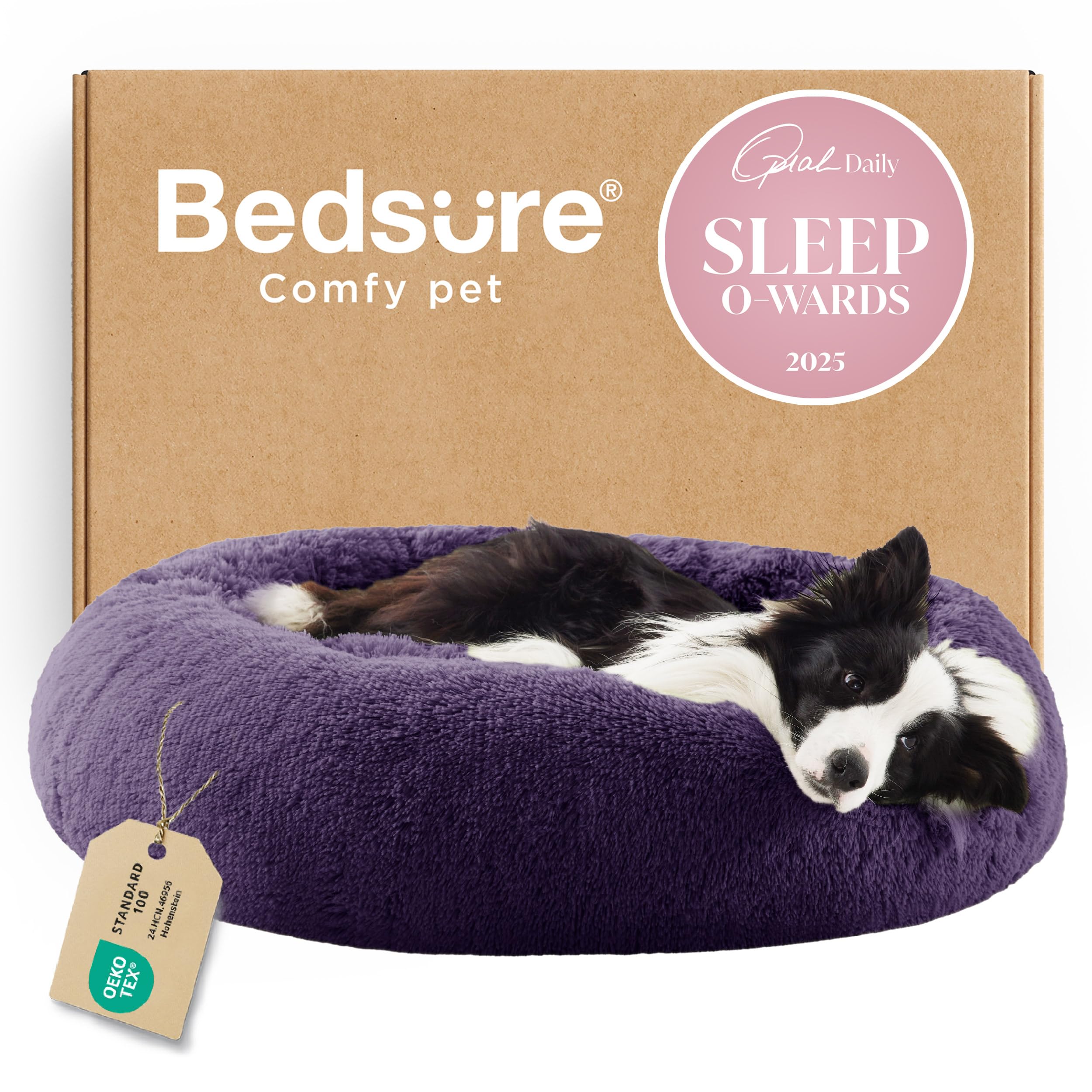 Bedsure Calming Dog Beds Large Sized Dog Donut Washable Pet Bed,36in Purple