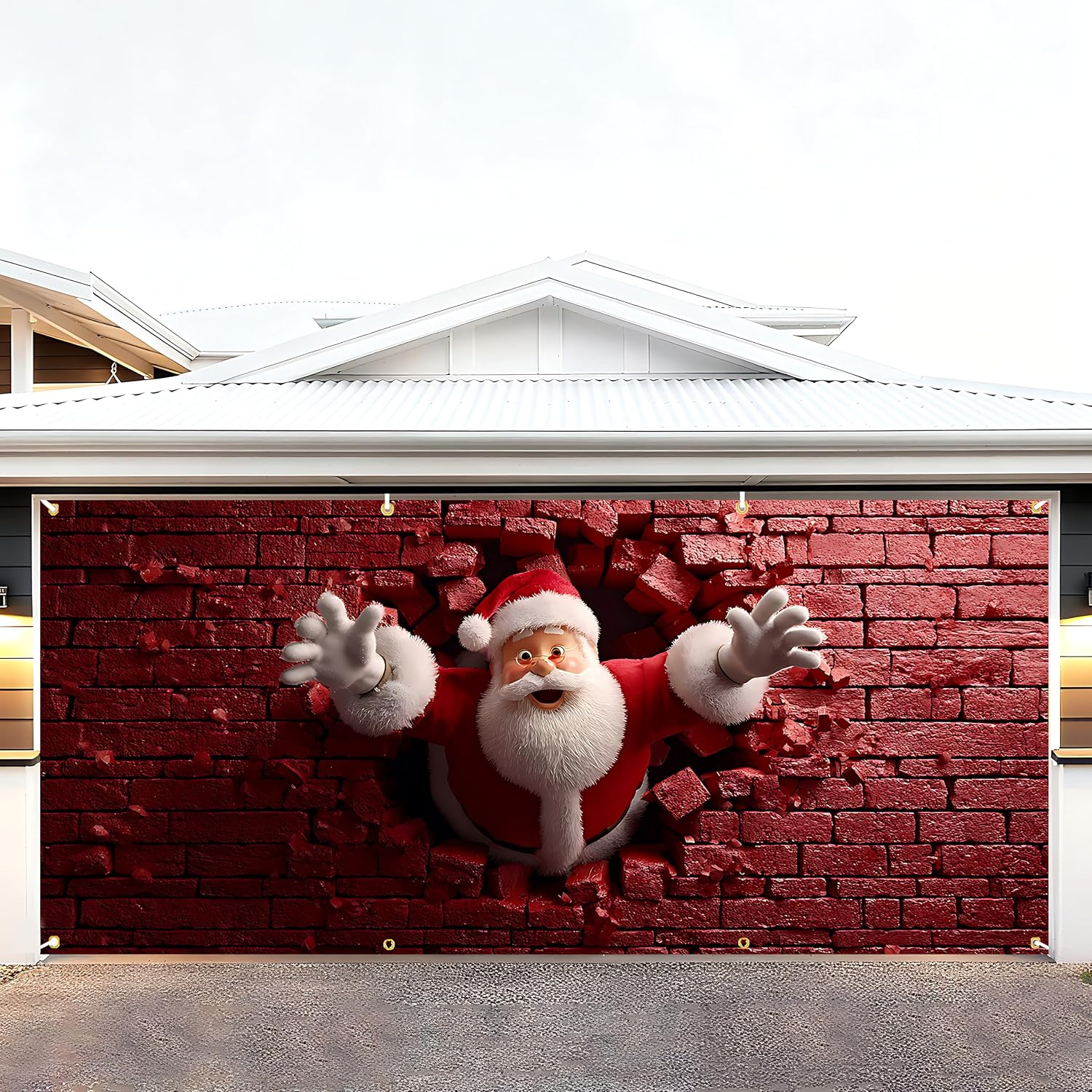 6×13ft Christmas Garage Door Banner with Santa Breaking Through Red Brick Wall, Fun Holiday Design for Outdoor Yard & Front Door Decoration(Santa Claus-1)