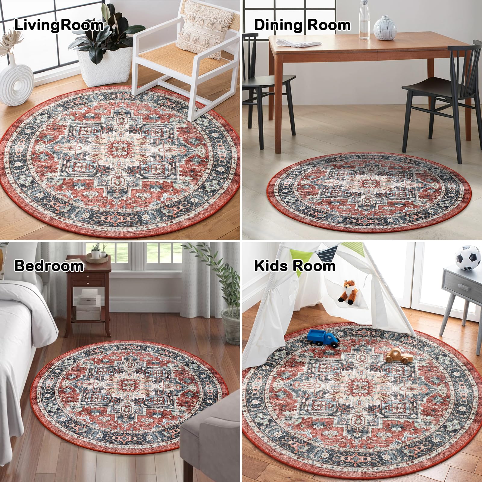 Carvapet Lavabile Tappeto Rotondo 120cm Antiscivolo Sottile Rosso Tappeto a Cerchio Salotto Cameretta Soggiorno Medaglione Retrò Stampato Tappeti di Zona