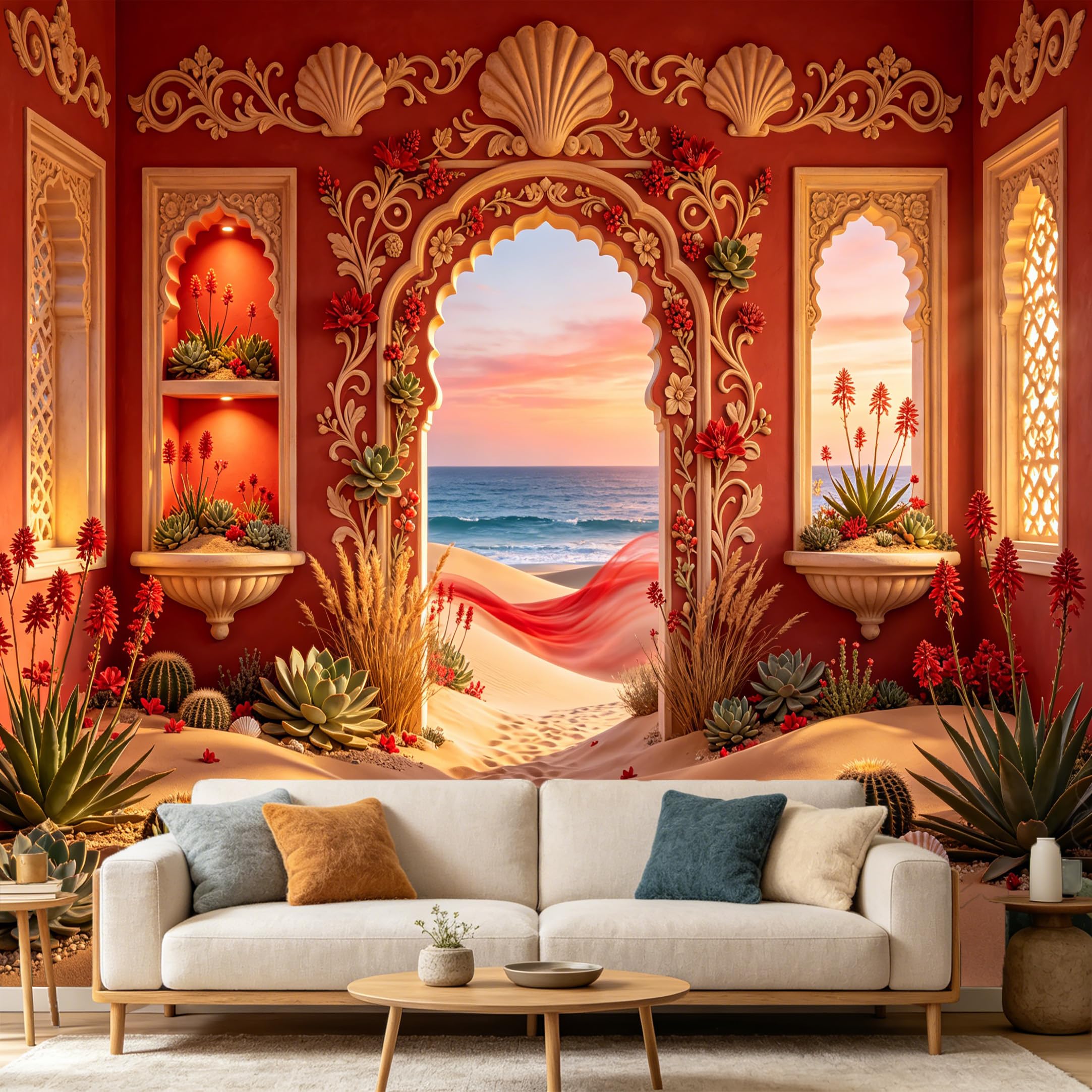 Custom Size Wall Mural， 3D Moroccan Archway Ocean Sunset Desert Landscape Botanical Succulents， SelfAdhesive Art Prints wall Fabric Removable Large Wallpaper Home Living Room Decor