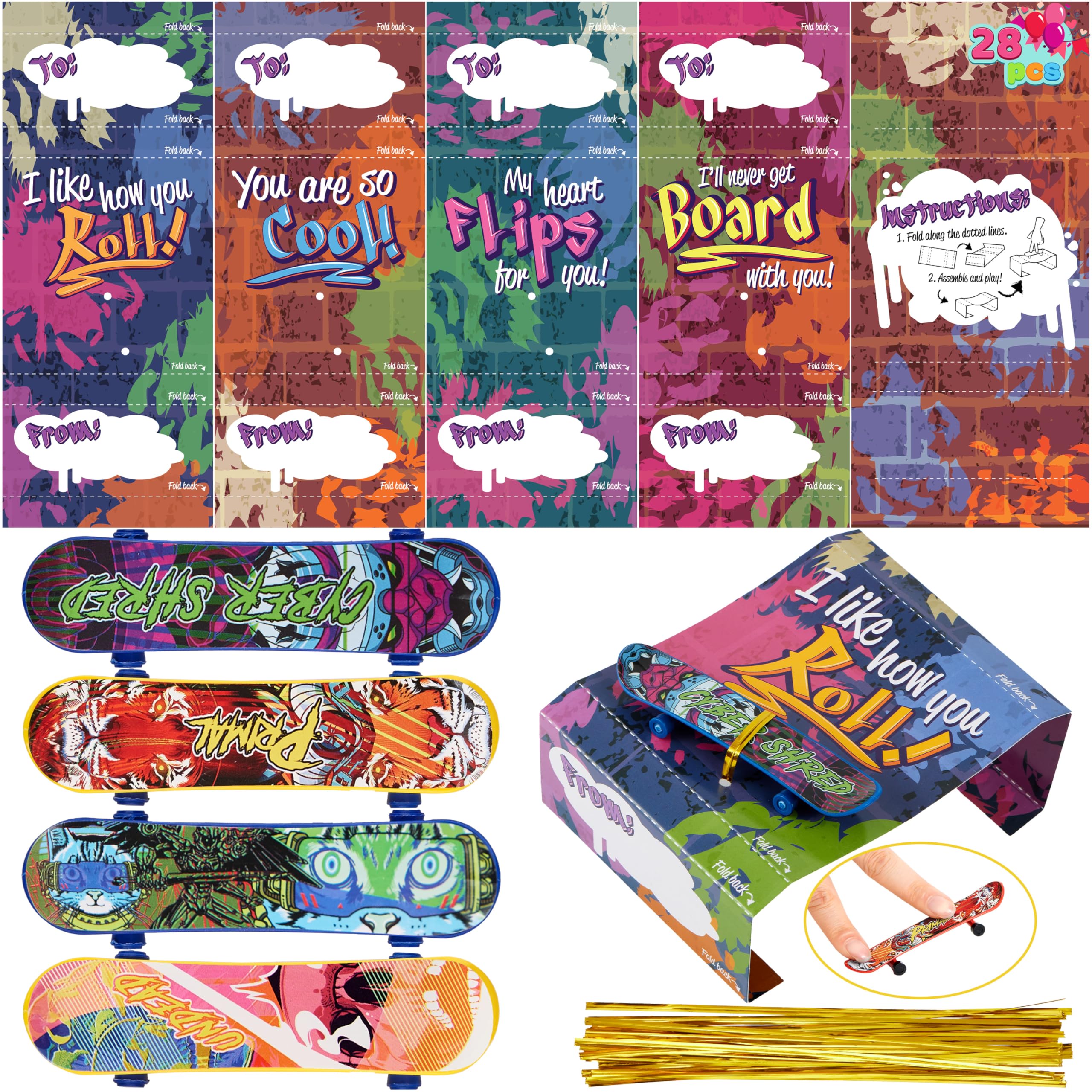 JOYIN 28 Pcs Valentines Day Finger Skateboards with Cards for Kids, Valentine Party Favor, Greeting Cards, Classroom Exchange Prizes, Holiday Reward