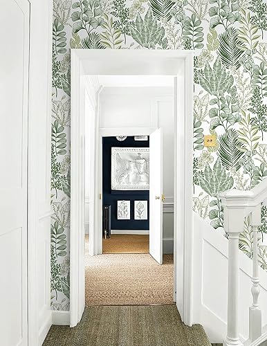 Miniatura 4 de HeloHo Papel tapiz de 16.1 x 118 pulgadas, diseño de hojas florales, color azul, verde, gris, para dormitorio, autoadhesivo, extraíble, impermeable,