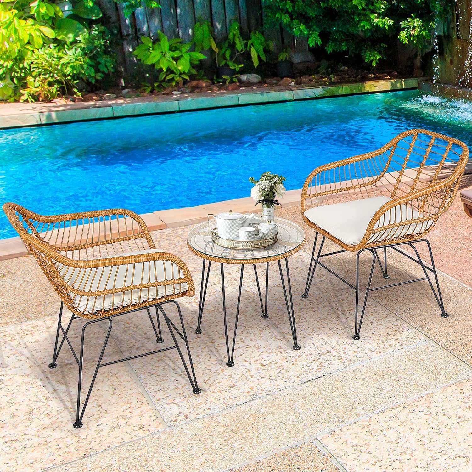 HAPPYGRILL 3-Piece Outdoor Rattan Bistro Set with Steel Frame, Round Coffee Table, Soft Cushions, Wicker Patio Furniture Set