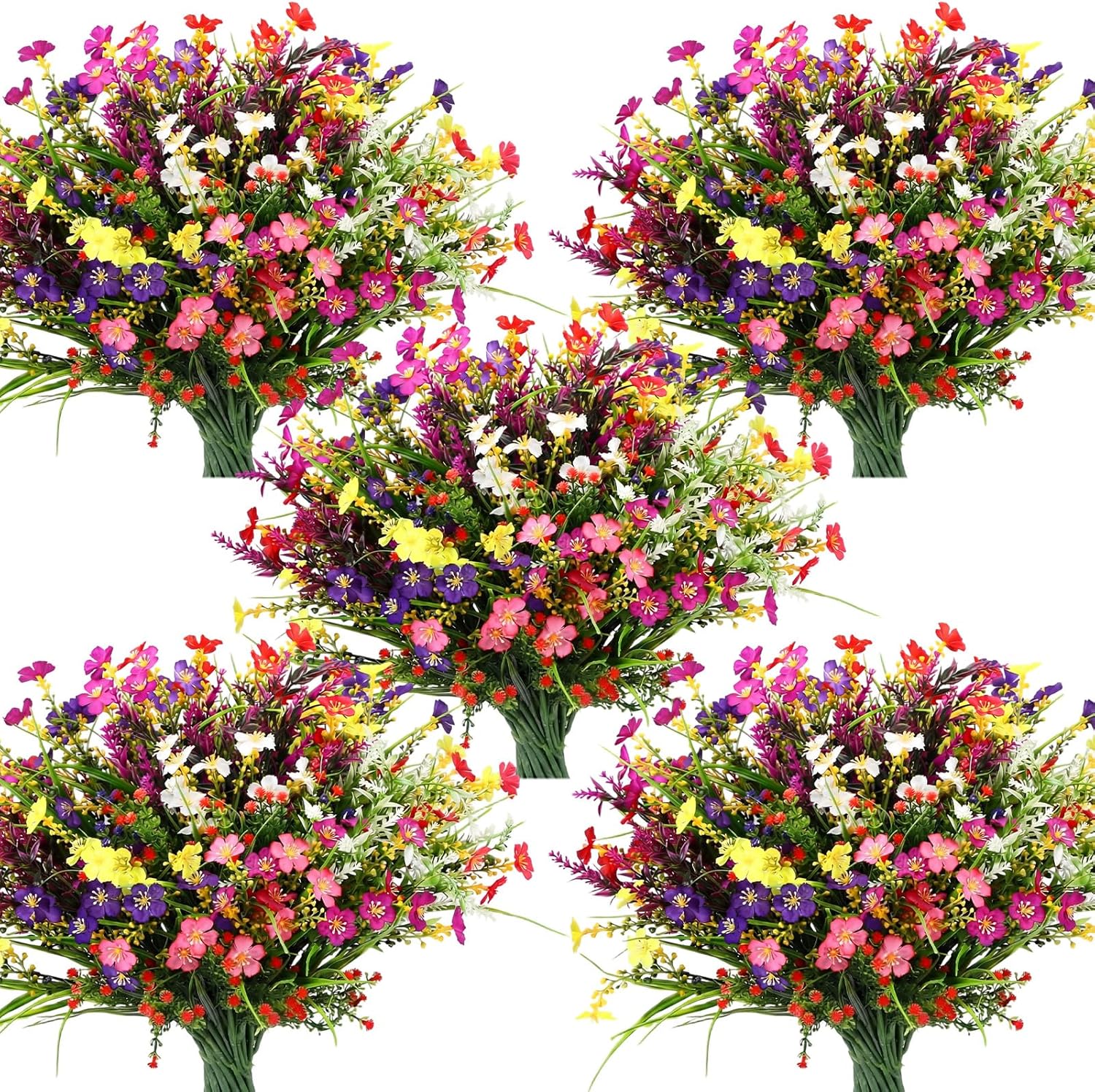 XunYee 48 Pcs Artificial Faux Flowers Outdoor Plants UV Resistant Boxwood Shrubs Artificial Wildflower Fake Plants Faux Plastic Greenery for Spring Summer Farmhouse Garden Indoor Home Decoration