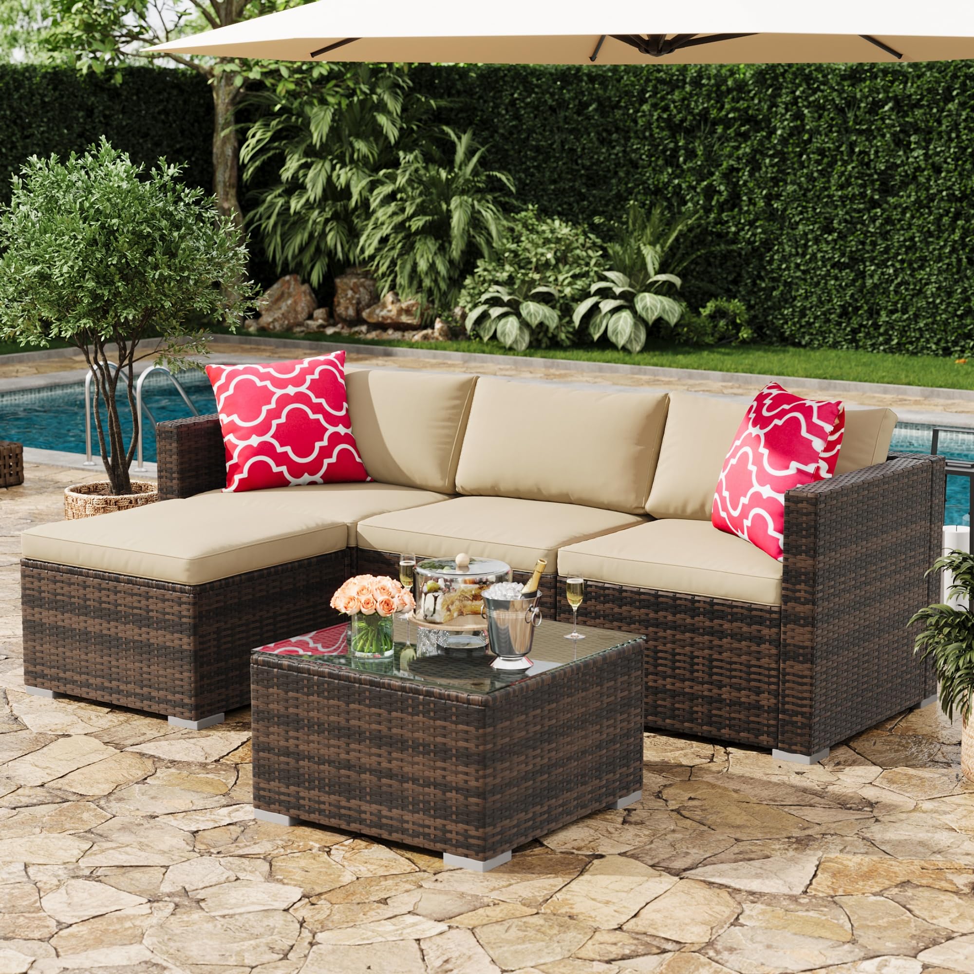 Photo 1 of ****PARTIAL SET, MISSING 1 BOX****
MilleLoom 5-Piece Outdoor Sectional Sofa Set, All-Weather PE Rattan Patio Furniture with Ottoman & Tempered Glass Table, Convertible Garden Couch for Backyard, Porch, Poolside (Brown/Khaki)