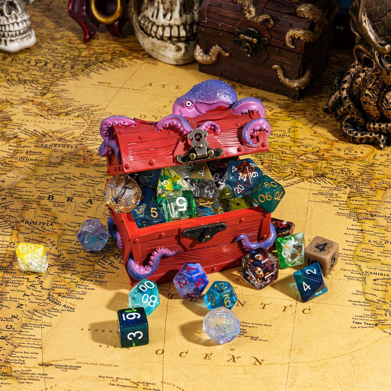Retro DND Dice Box Dice Storage Box Octopus Design Great Gift for DM Masters RPG Tabletop Game, Holds 2 Sets of Polyhedral Die (Red)